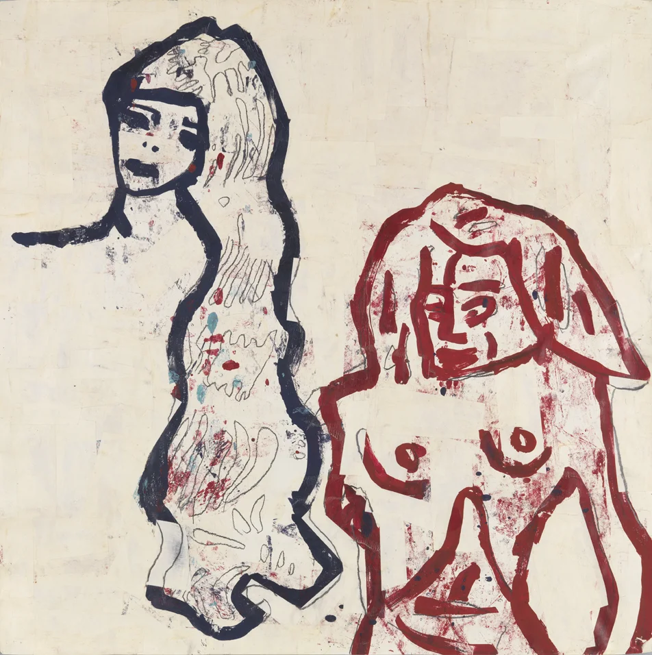   Girl and Bather   1983  acrylic, tempera, graphite and paper collage on paper  36 x 36 in / 91.4 x 91.4 cm 