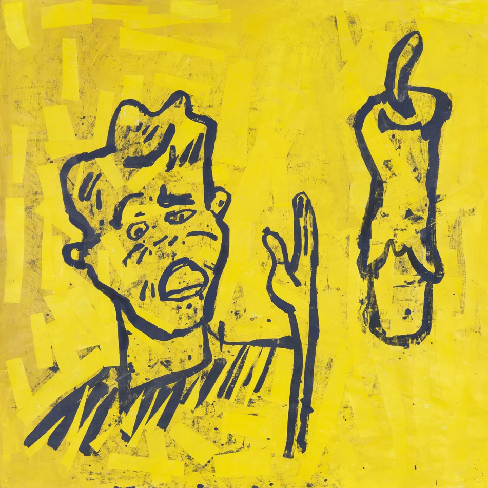   Untitled (Hello)   1983  acrylic and paper collage on paper  36 x 36 in / 91.4 x 91.4 cm 