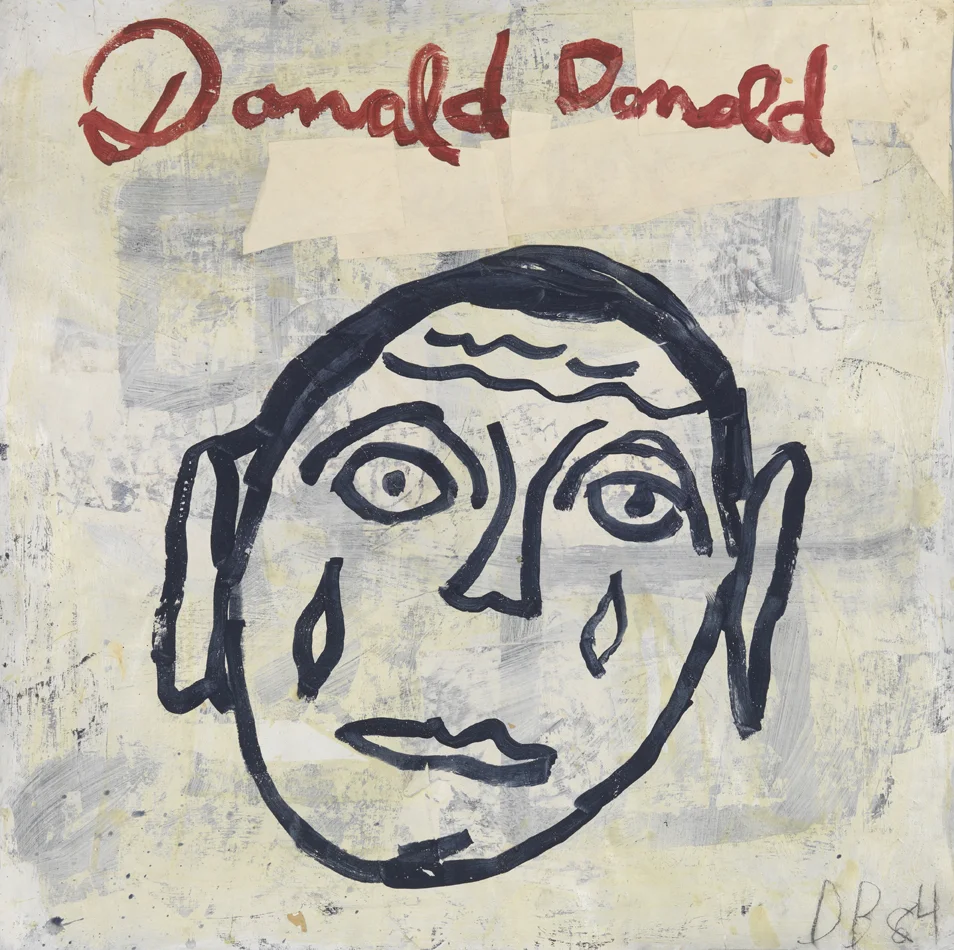   Donald Donald (Study for “Victims of Emigrants”)   1984  acrylic and paper collage on paper  36 x 36 in / 91.4 x 91.4 cm 