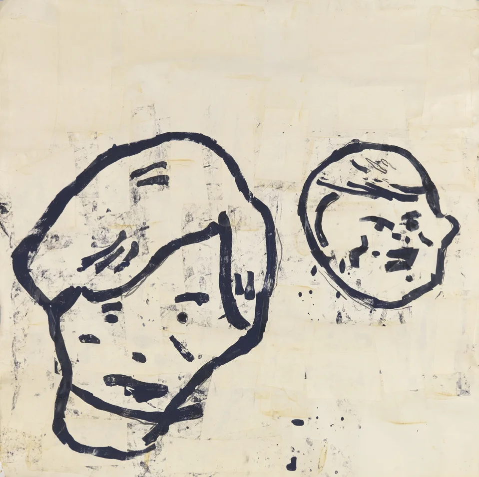   Untitled (2 Boys)   1983  acrylic, tempera, graphite and paper collage on paper  36 x 36 in / 91.4 x 91.4 cm 