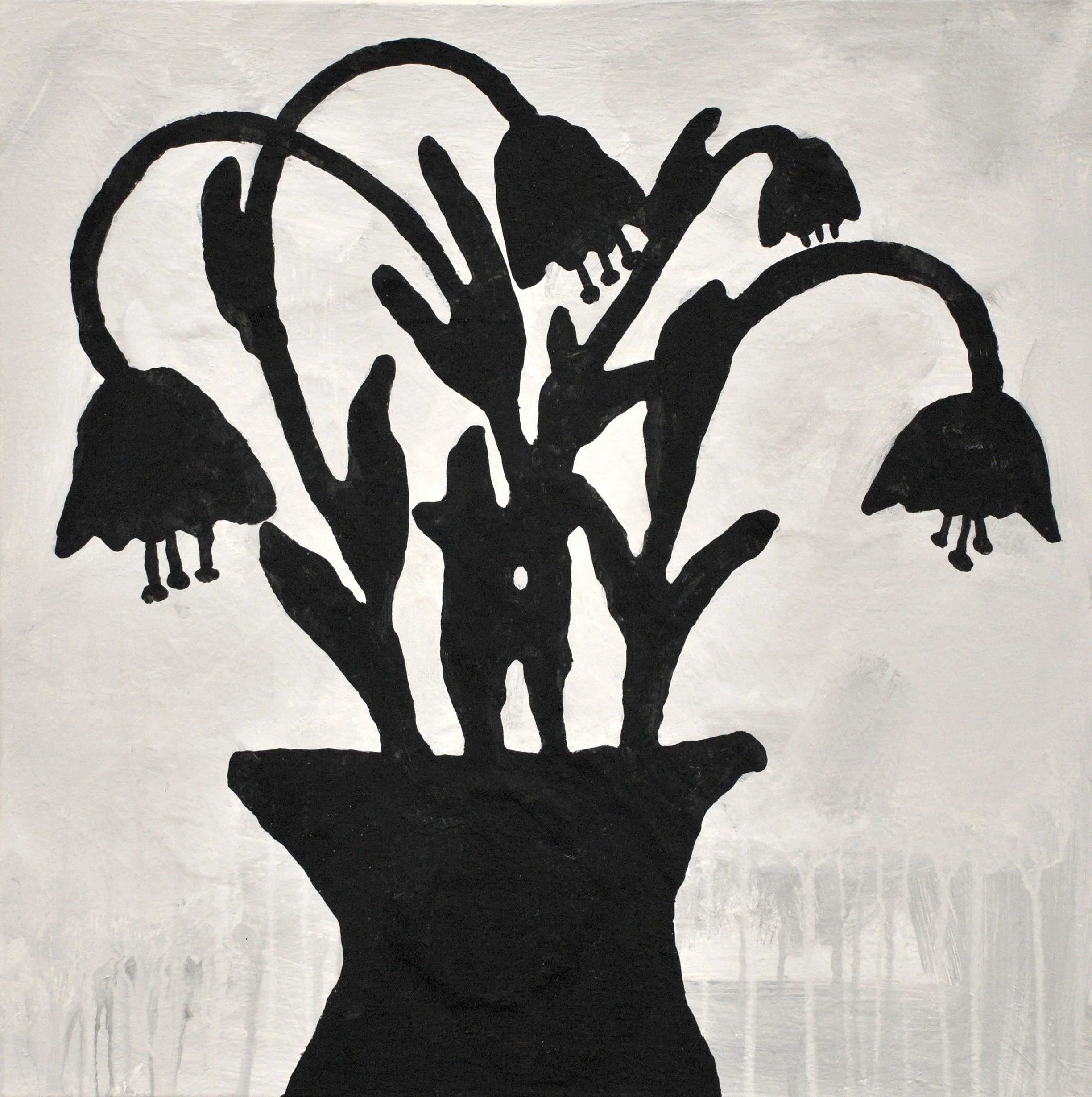 Donald Baechler Black Flowers 2018 acrylic and fabric collage on canvas 24 x 24 in / 61 x 61 cm