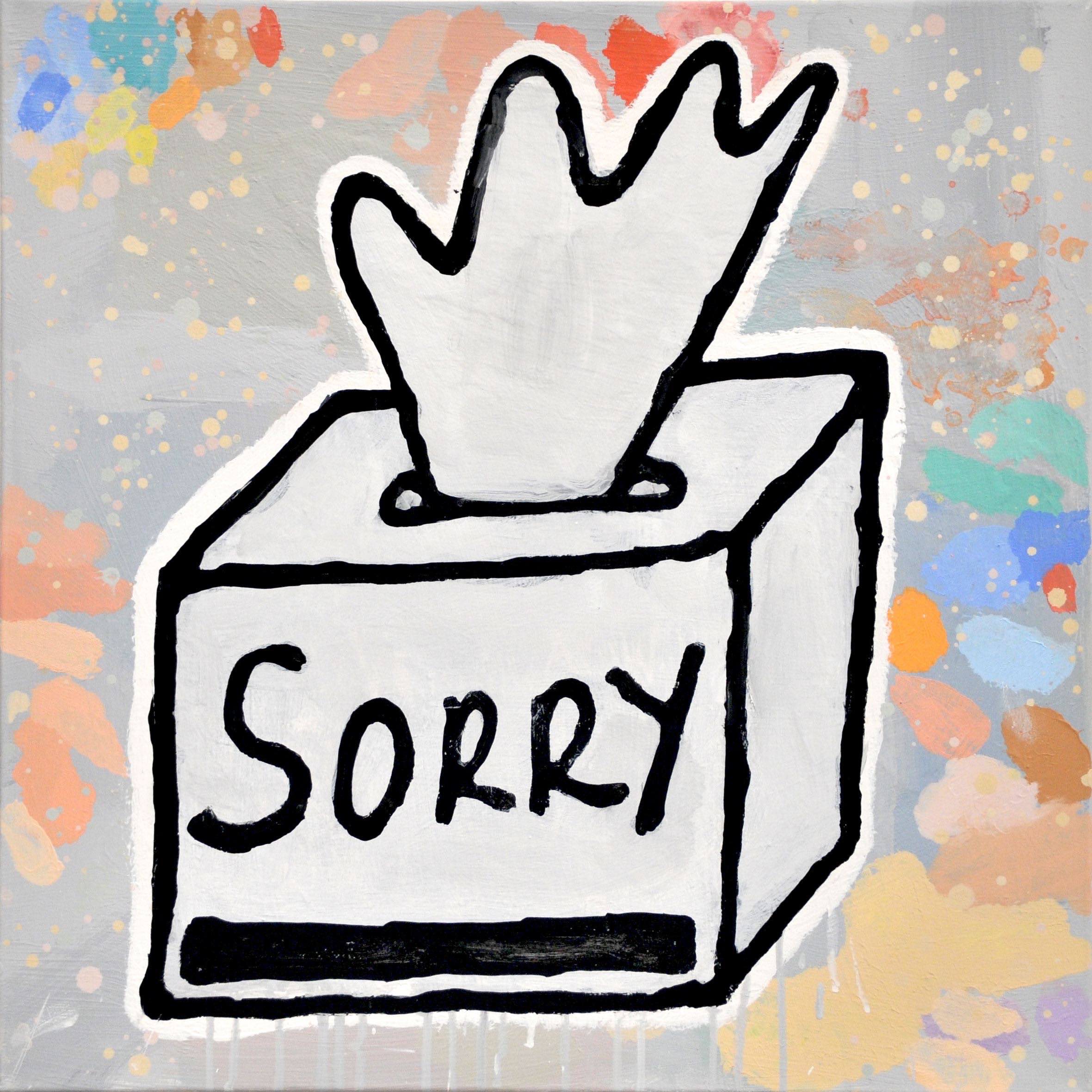  Donald Baechler   Apology Tissue Box   2018  Acrylic and fabric collage on canvas  24 x 24 in / 61 x 61 cm 