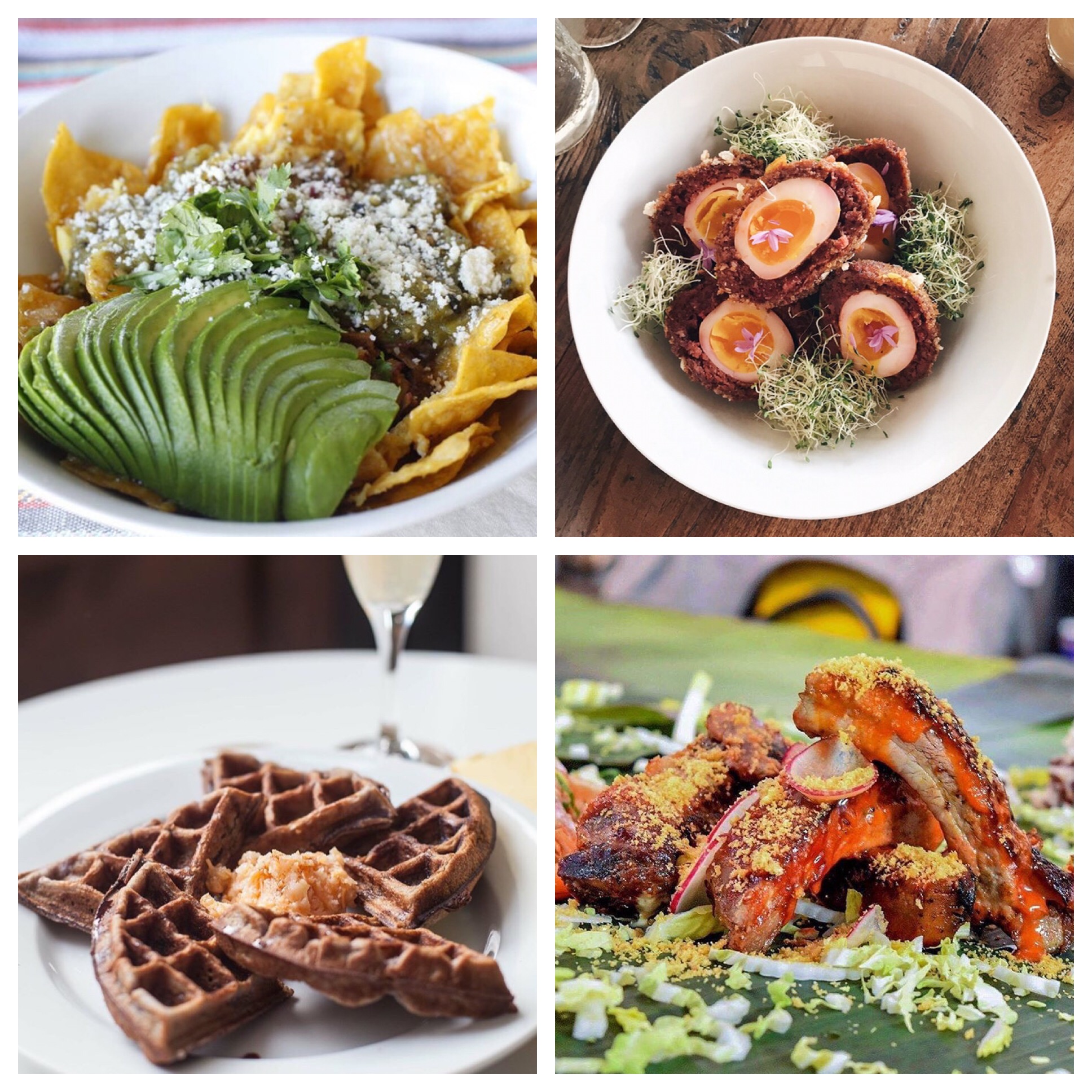 Sisig chilaquiles, longanisa scotch egg, ube mochi waffles, and baby back ribs with banana ketchup.