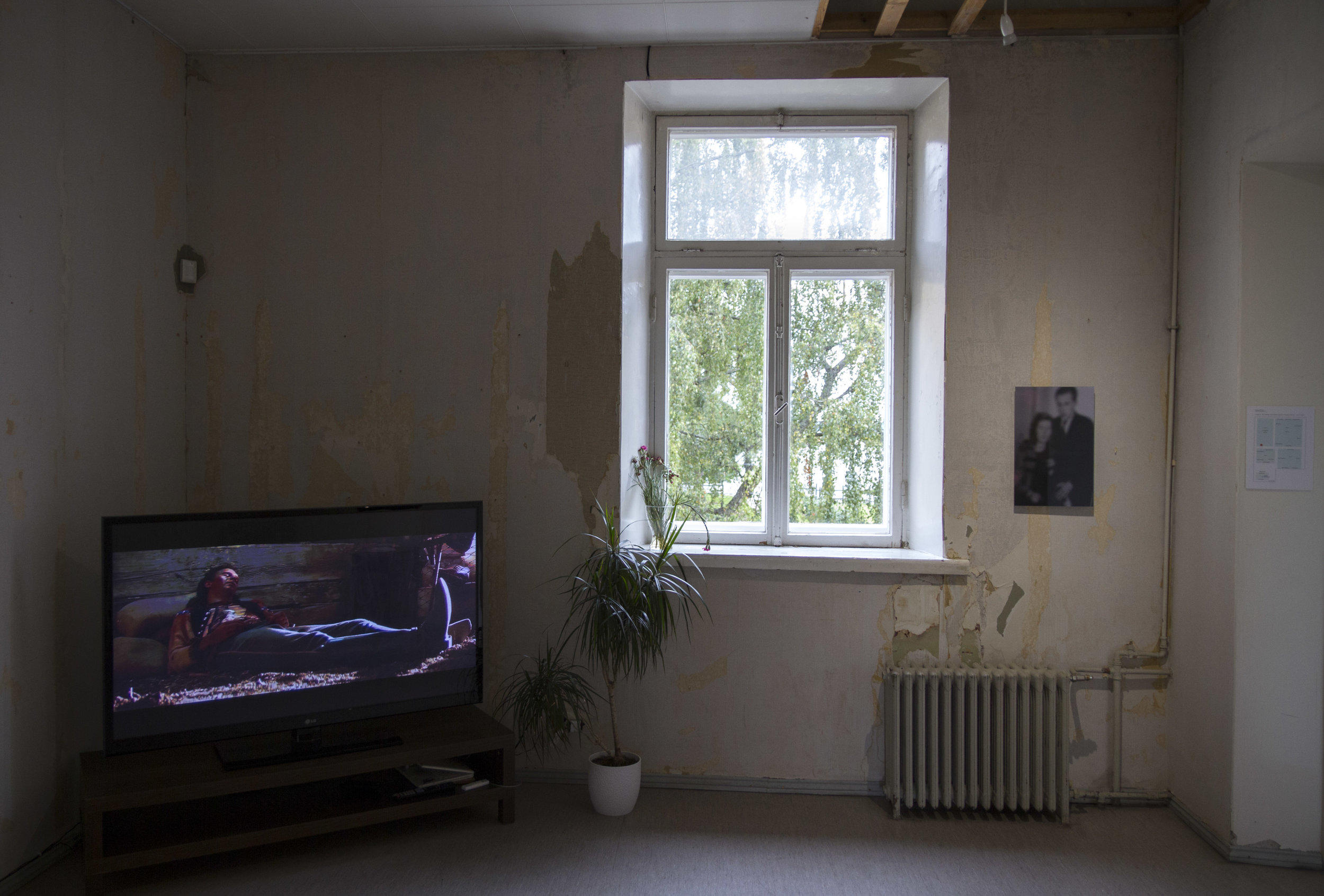  Installation view, left: Joakim Pusenius:  Anamnesis  (2014) and right: Sampo Apajalahti:  Muistojen huoneet (kihlakuva)  (2014) 