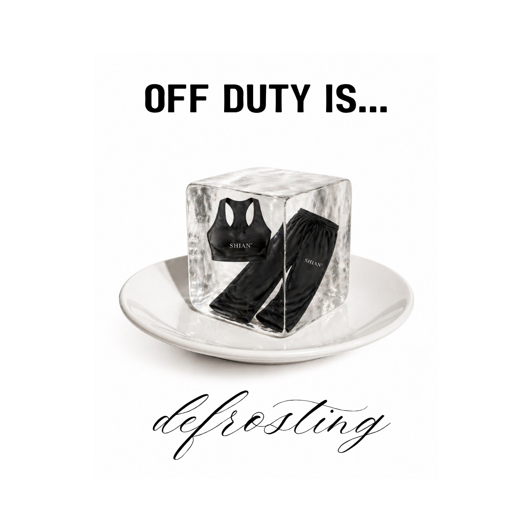 A white plate with a large ice cube containing a black sports bra and black pants with the words 'SHIAN' on them, with the caption 'OFF DUTY IS... defrosting' above and below.