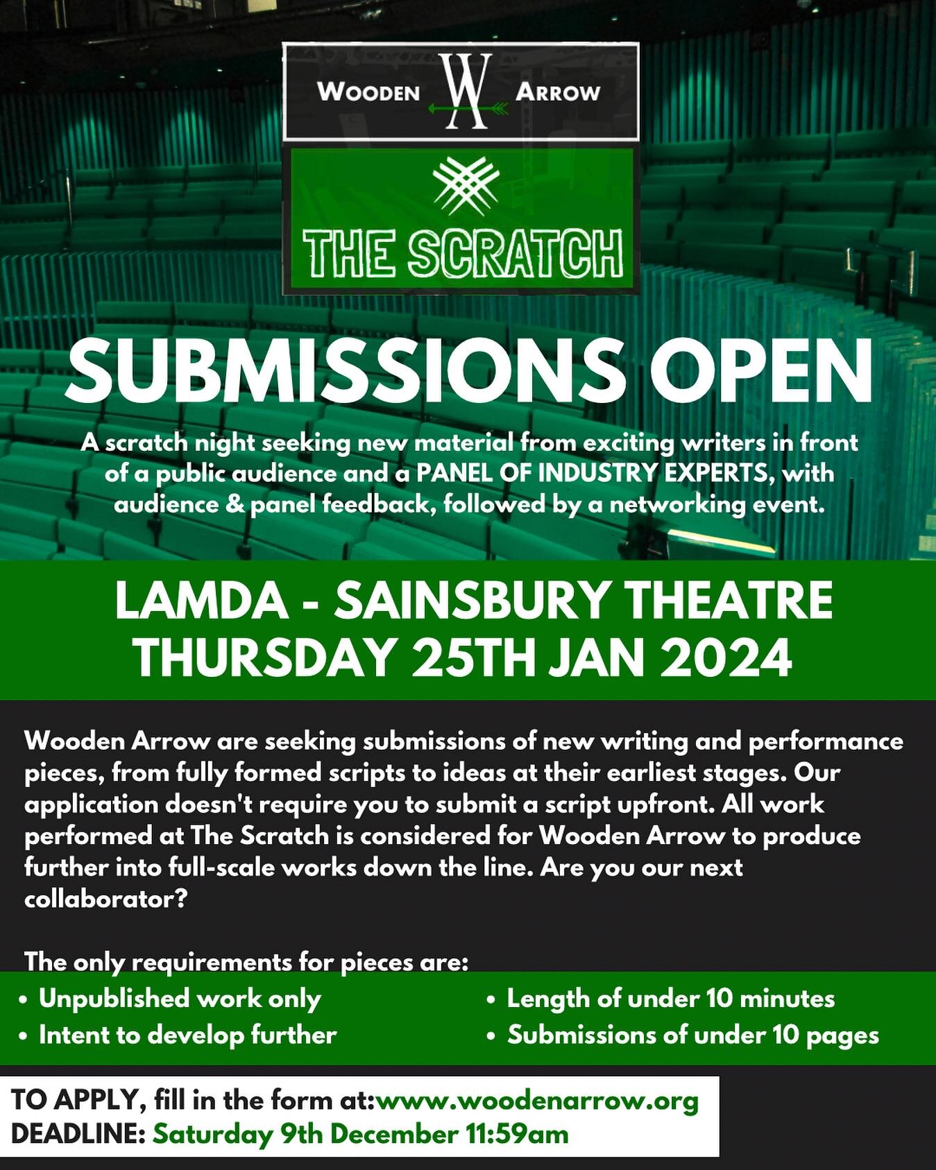 ❇️ SUBMISSIONS OPEN ❇️
🌿 LINK IN BIO &amp; WEBSITE 🌿

More about The Scratch...
The Scratch will take place on THURSDAY 25TH JAN 2024 at LAMDA's Sainsbury Theatre. It will feature exciting new work from up-and-coming artists, an industry panel PLUS