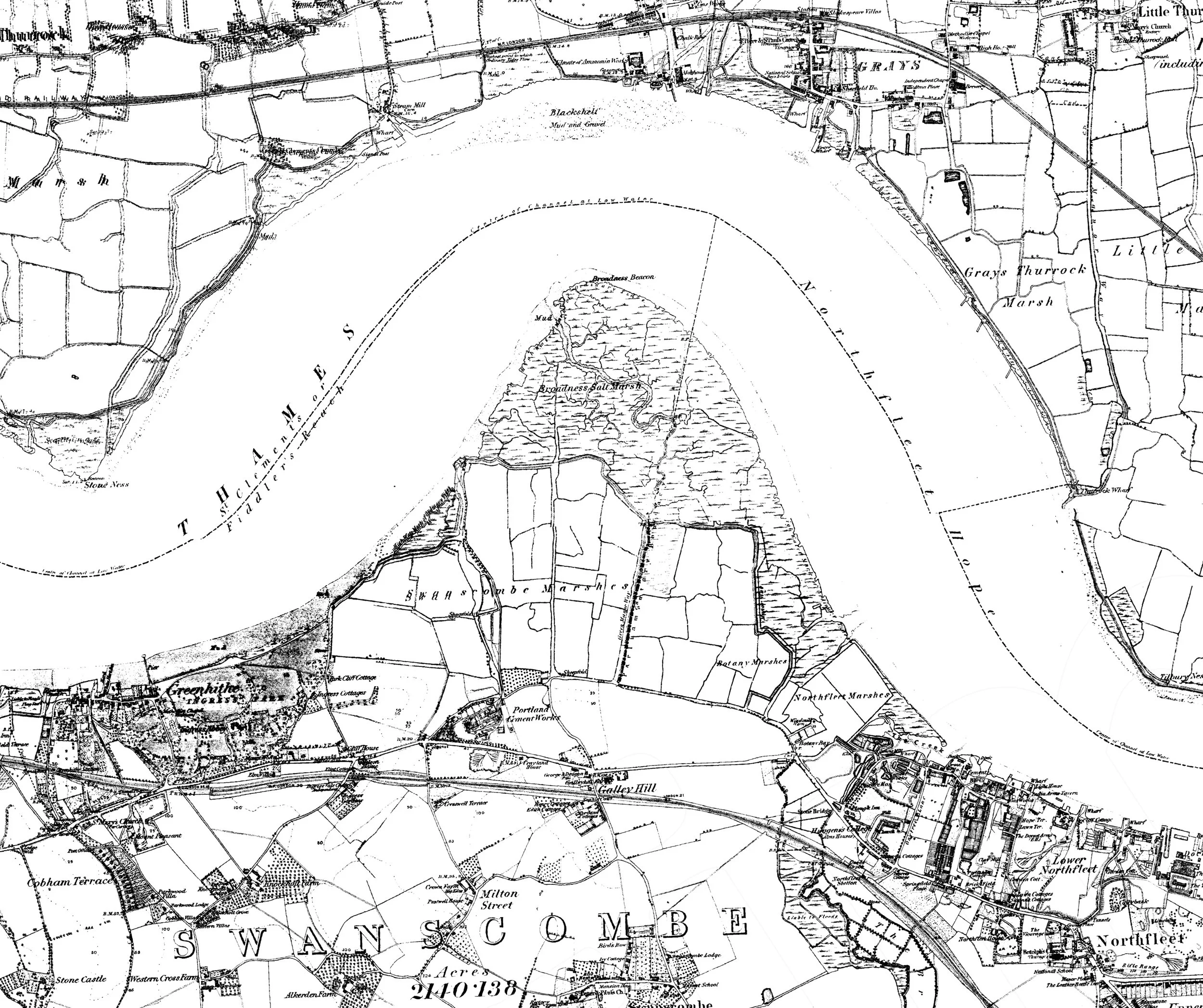 Broadness Salt Marsh towards the Thames; Botany Marsh and Northfleet Marshes to the east & Swanscombe Marsh defined by ditches.
