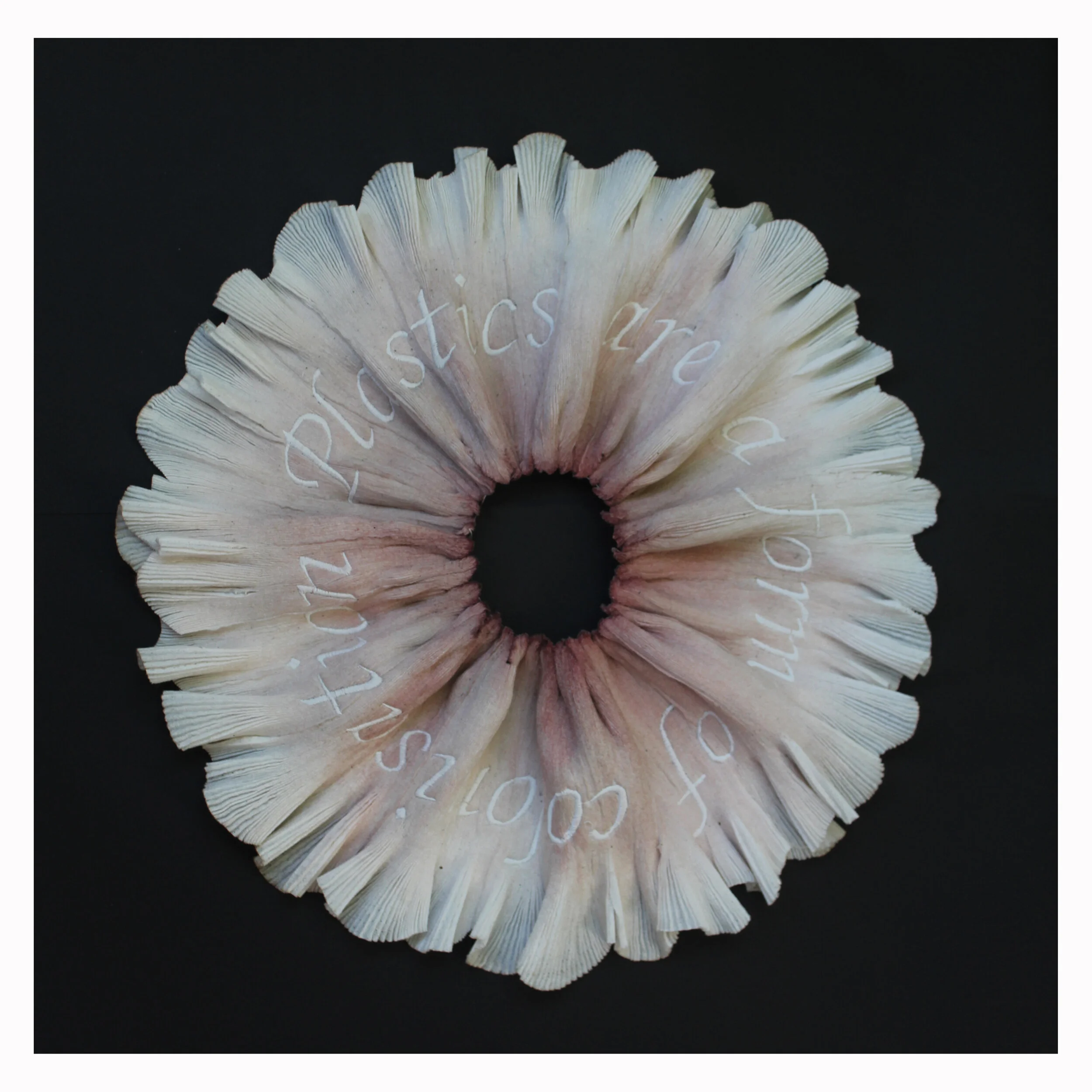 Plastics are a form of colonisation, 202020 pleated wipes, embroidered and dip-dyed in beetroot waste.