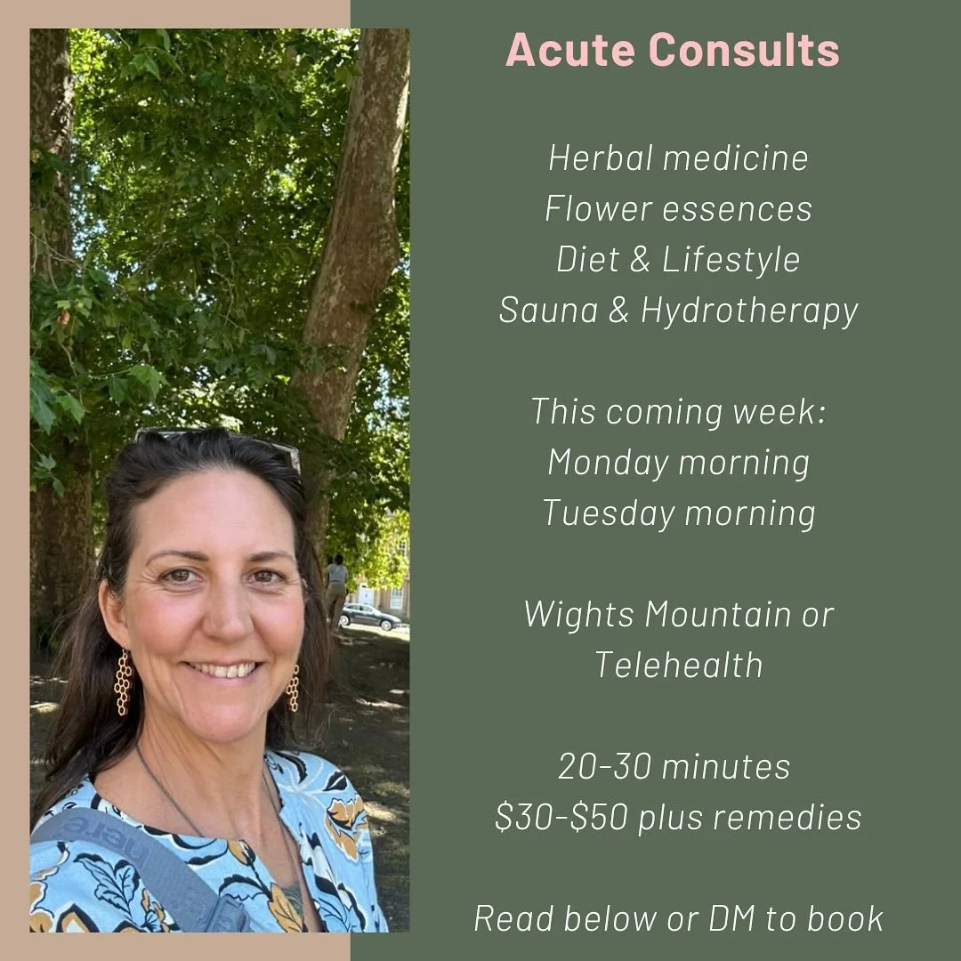 As per my post last week, I&rsquo;m opening up one to two mornings per week for acute consults. Book in advance or get in touch the morning of if you&rsquo;re in need of some support for an acute health condition.

This week I&rsquo;m open for acutes