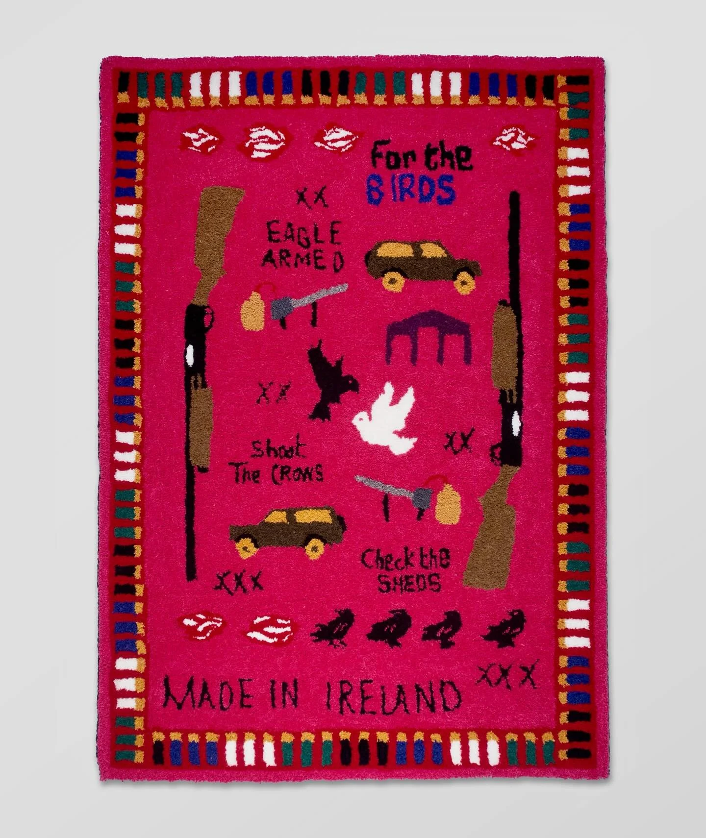 @ronodillon 
FOR THE BIRDS (IRISH ANTI-WAR RUG)
Hand-tufted sheep&rsquo;s wool
154x108

This work is inspired by the aesthetic and story telling of &lsquo;Afghan War Rugs&rsquo;. Reconsidered in an Irish agricultural context, the work tells the story