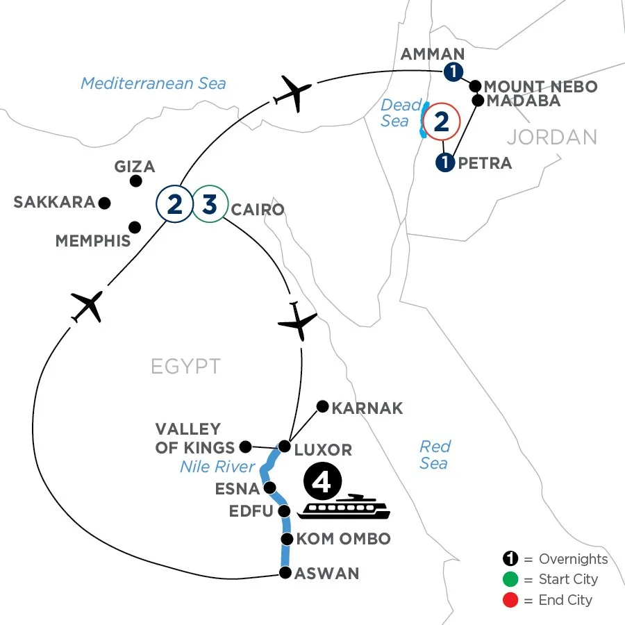 14 Day River Cruise Cairo to Dead Sea Tour Map