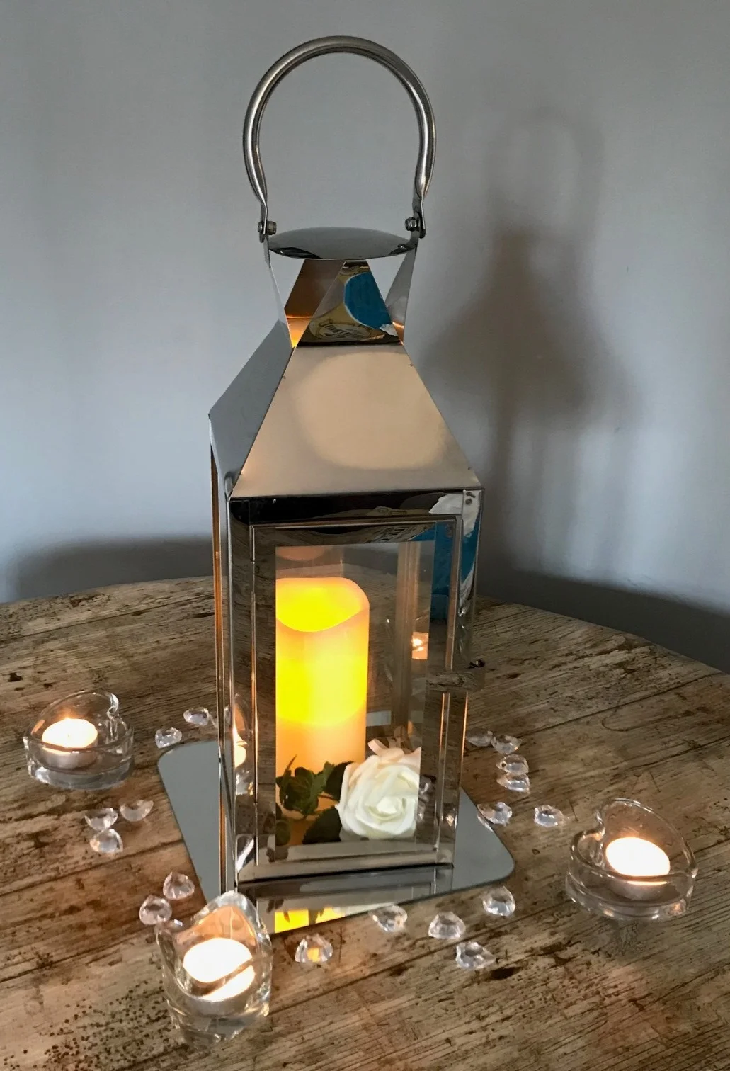 Silver Lantern - Square Mirror Plate - Heart Tealight Holders - Wavy Tealight Holders (CPLL02)