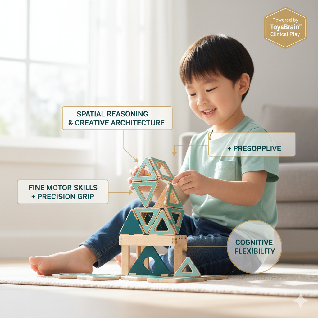 Image showing a child playing with a premium STEM toy, with text overlays pointing to developmental milestones like "Fine Motor Skills" and "Spatial Awareness"