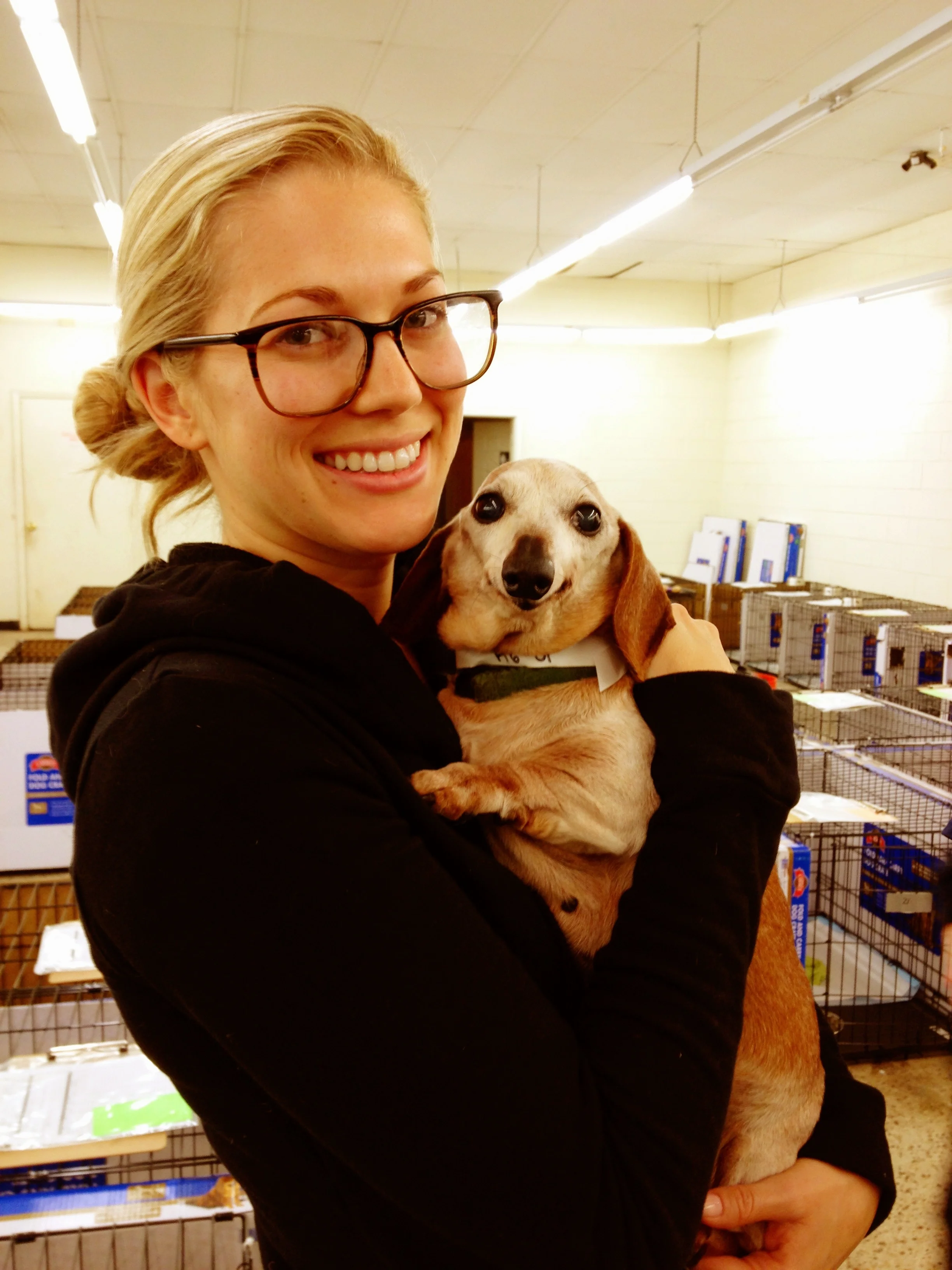 Breanna at puppy mill raid with an adorable dachshund