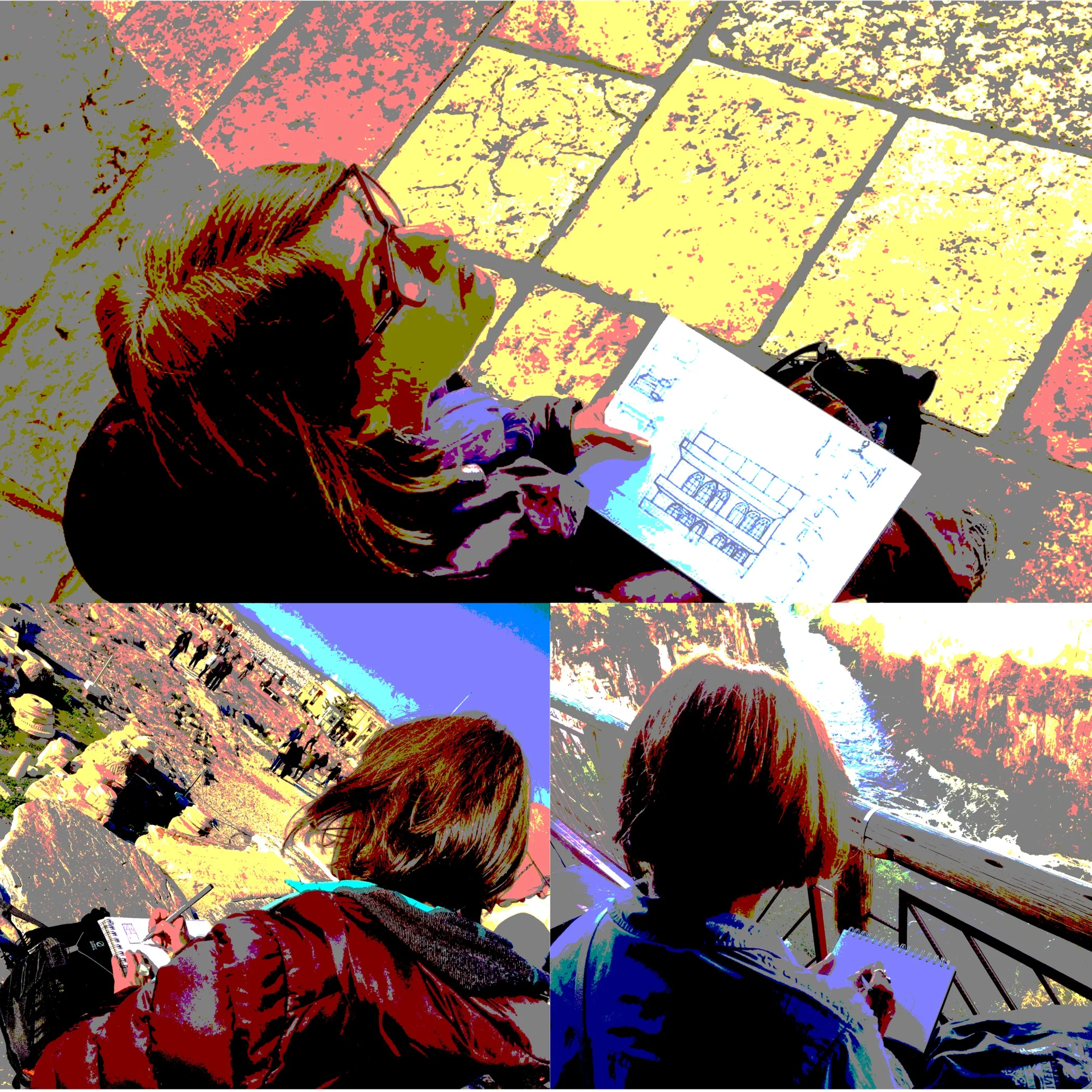 Sketching in Jerusalem (top) Israel, Athens (bottom left) Greece and Vic Falls (bottom right) Zimbabwe.