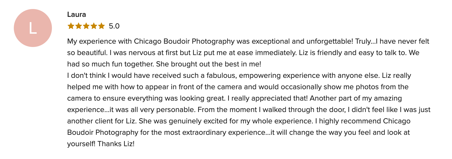 Five-star WeddingWire review from a Chicago Boudoir Photography bride