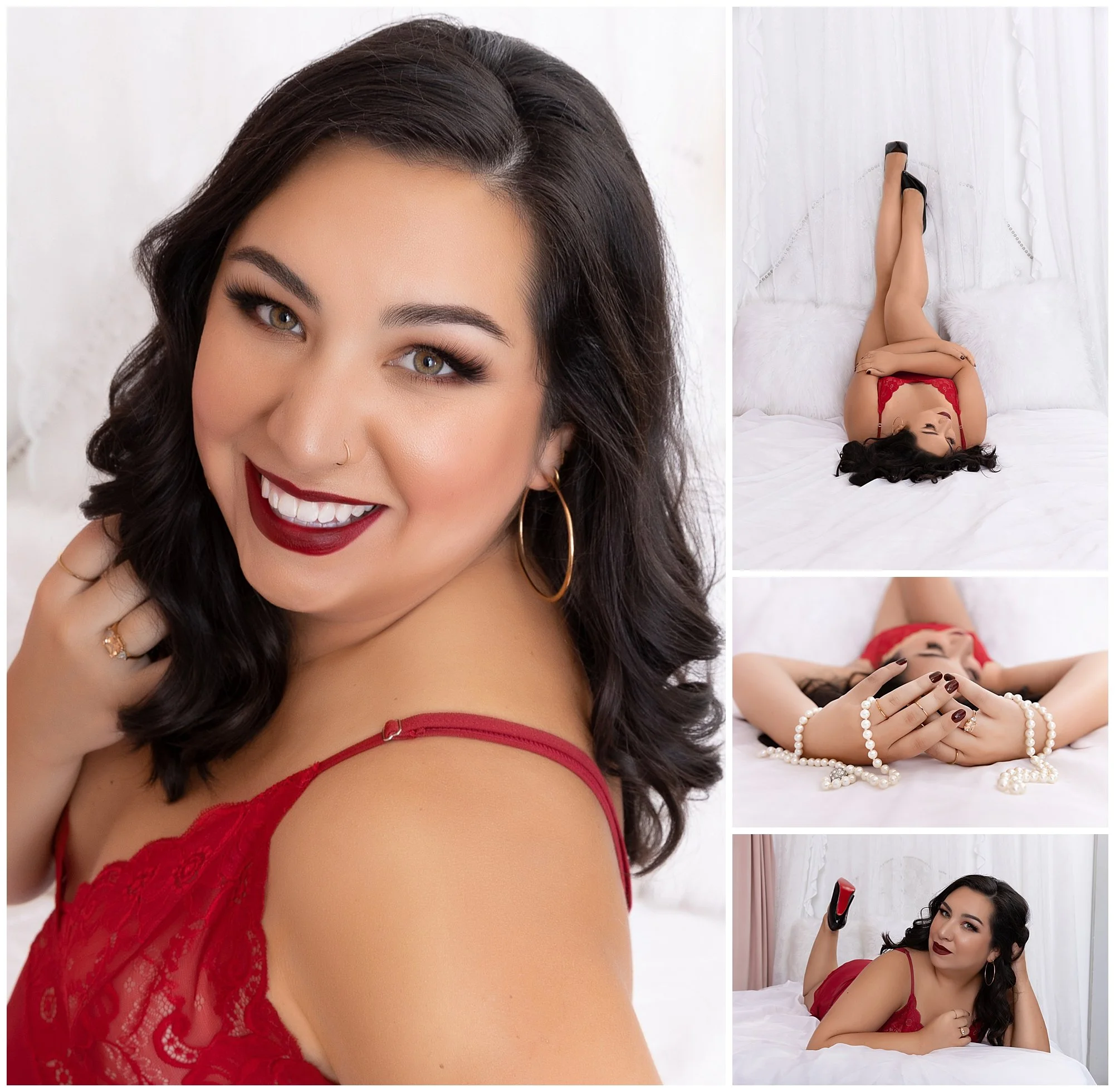 Brunette in red lingerie on white bed