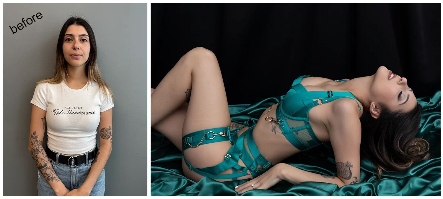 green satin sheets boudoir posing.webp