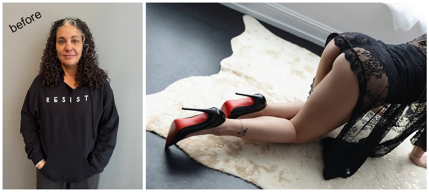 woman posing on fancy rug.webp