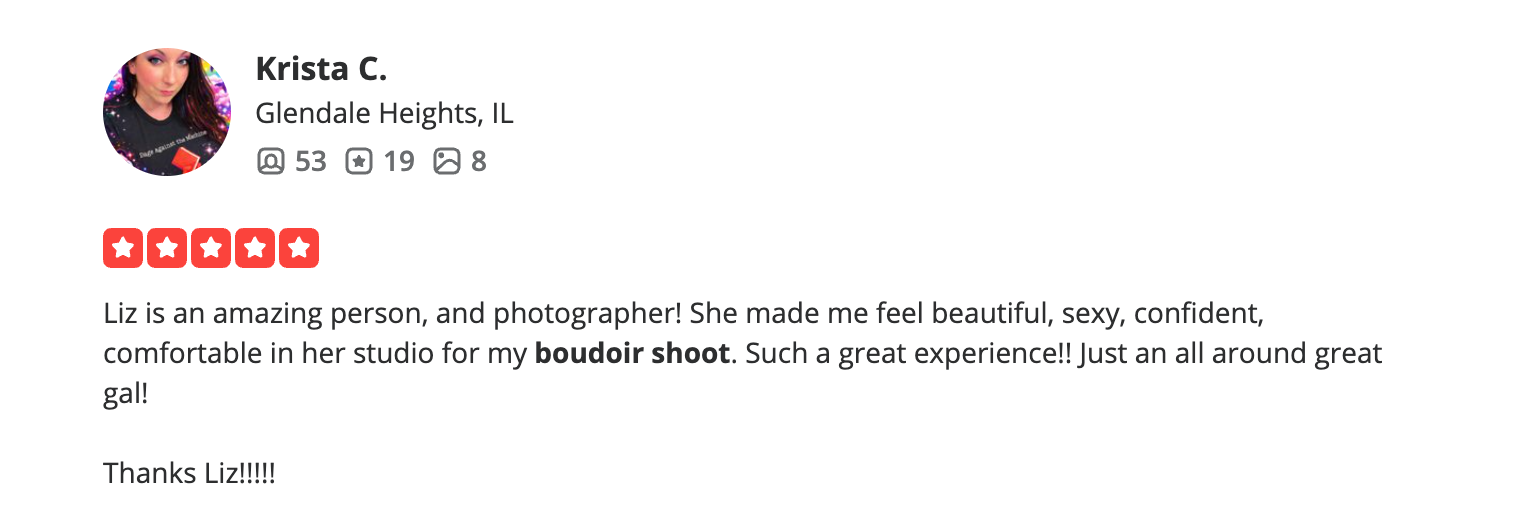 Five-star Yelp review of Chicago Boudoir Photography