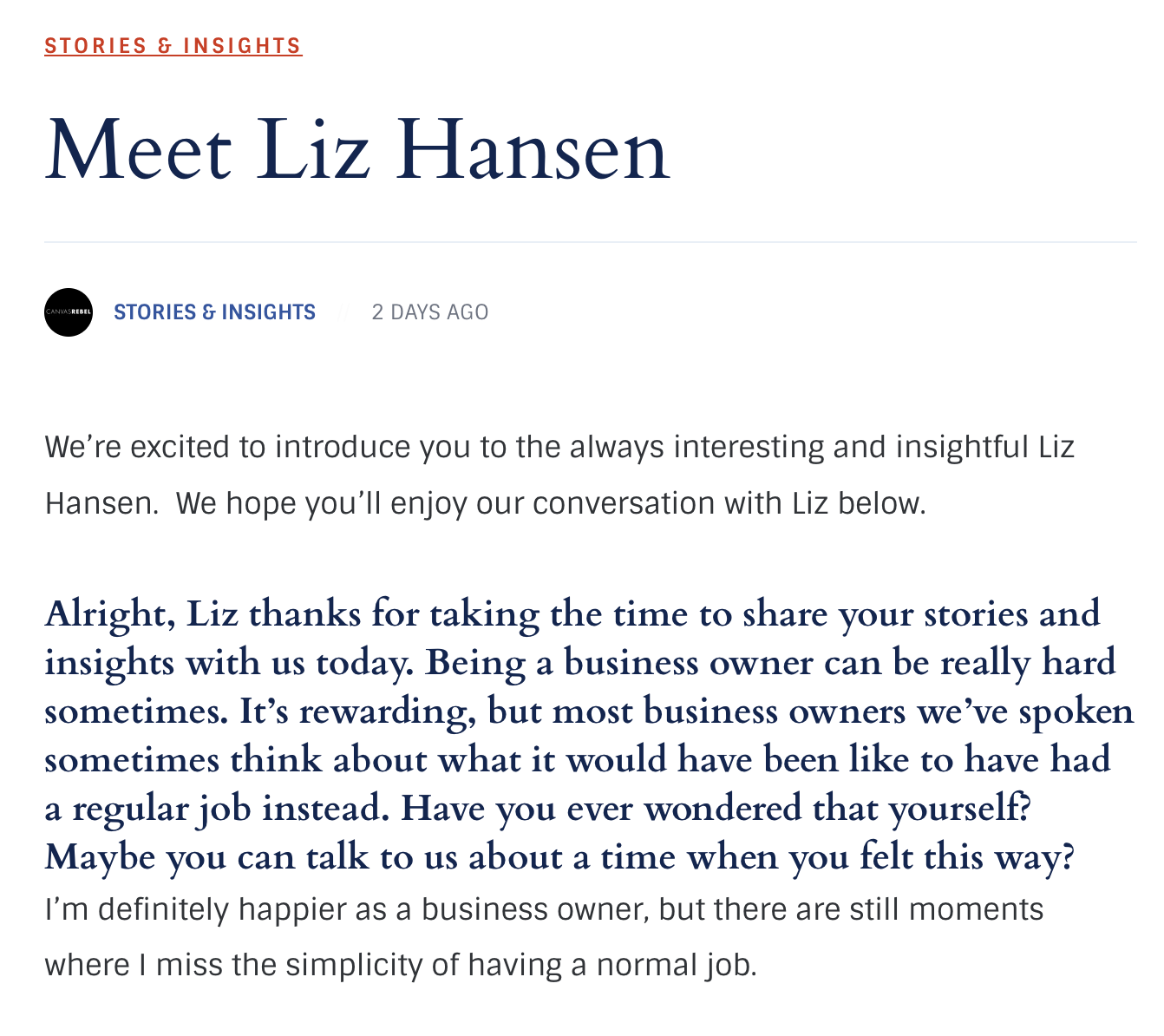 CanvasRebel article excerpt featuring Liz Hansen