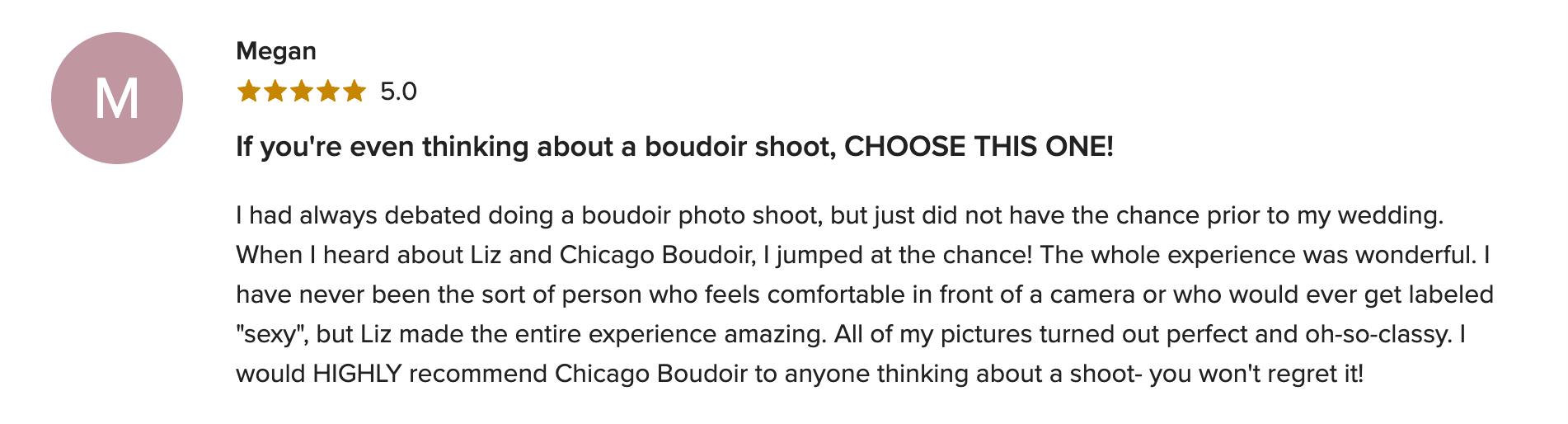 Five-star WeddingWire review of Chicago Boudoir Photography
