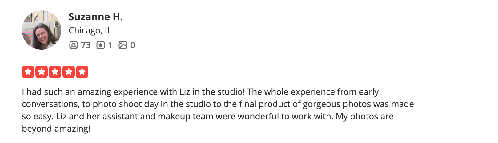 Five-star Yelp review of Chicago Boudoir Photography