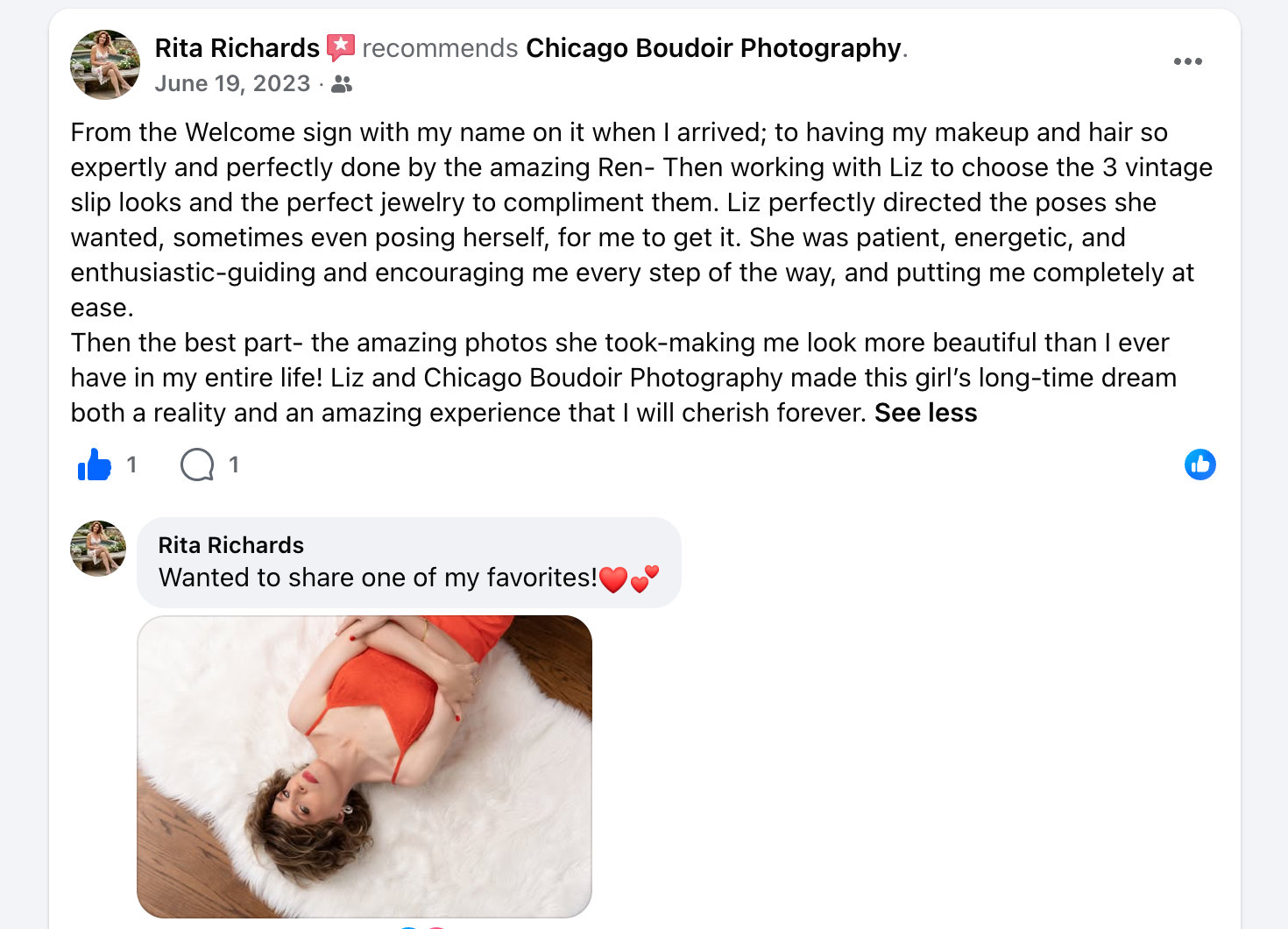 Five-star Facebook review for Chicago Boudoir Photography