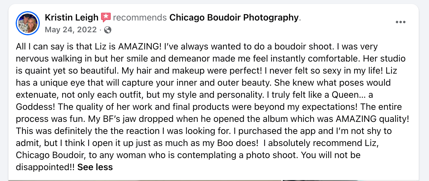 Five-star Facebook review praising the Chicago Boudoir Photography experience