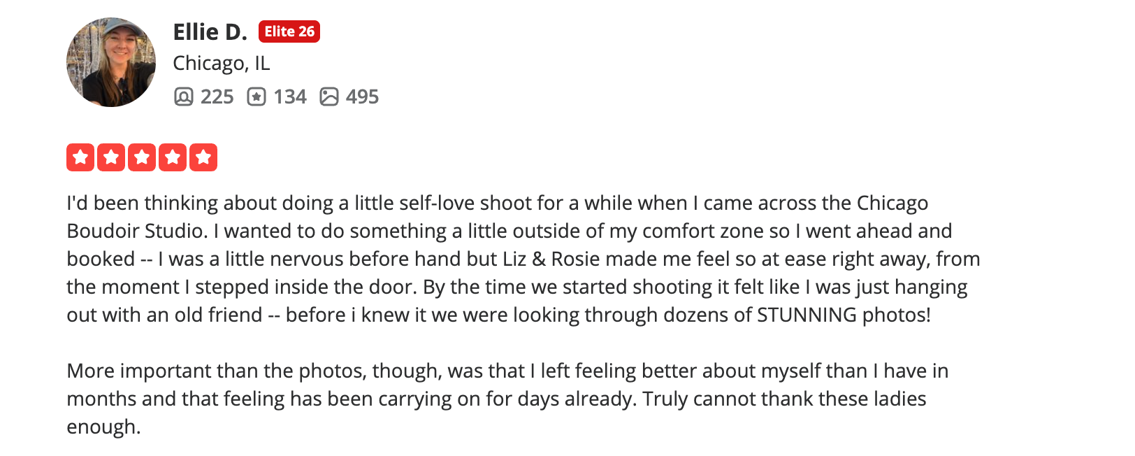 Five-star Yelp review of Chicago Boudoir Photography