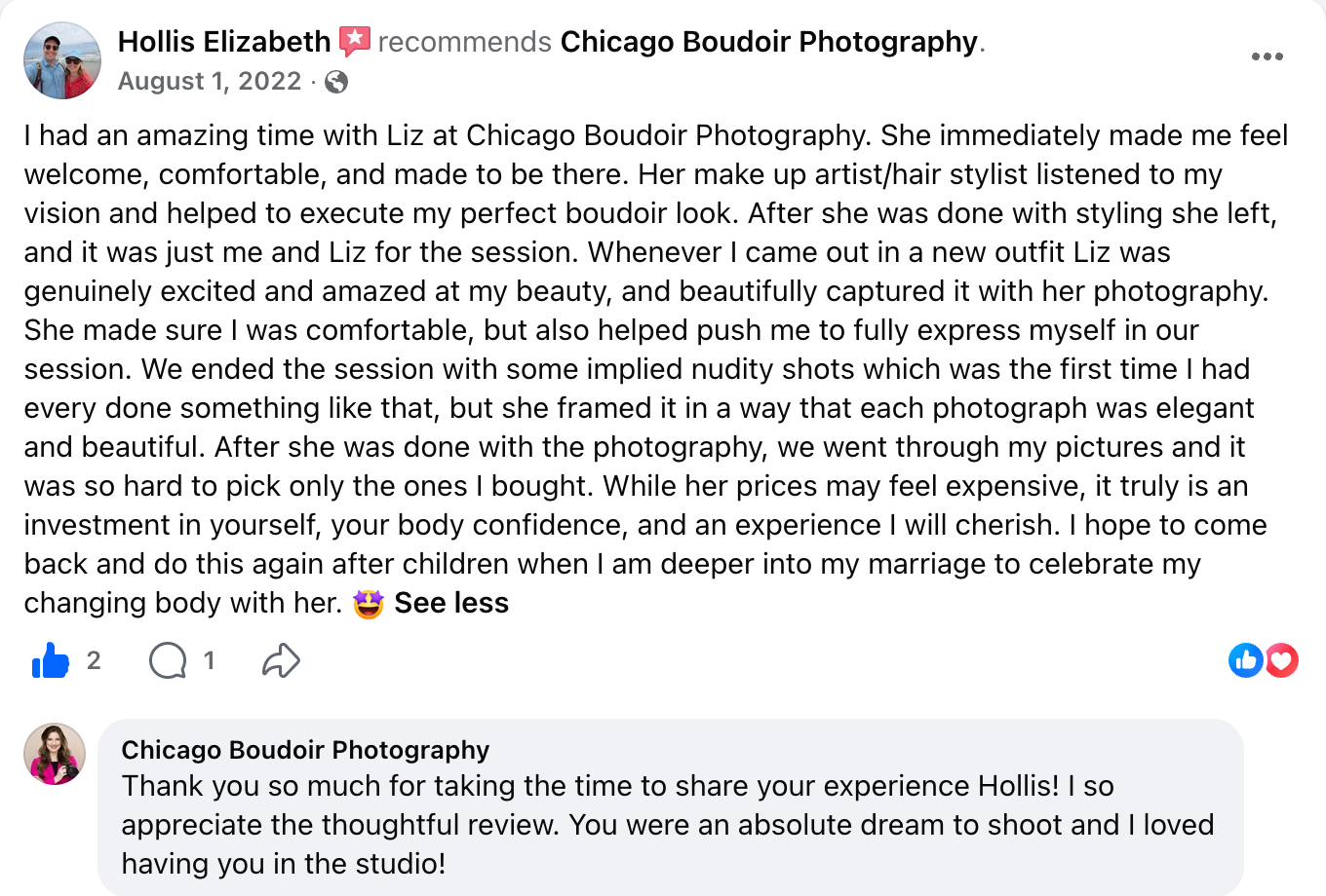 Facebook review of a Chicago Boudoir Photography experience
