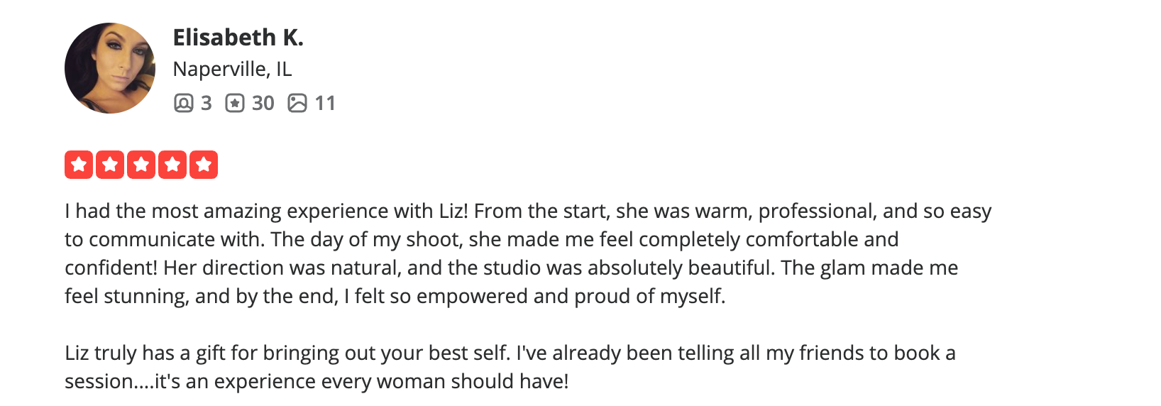Five-star Yelp review of Chicago Boudoir Photography