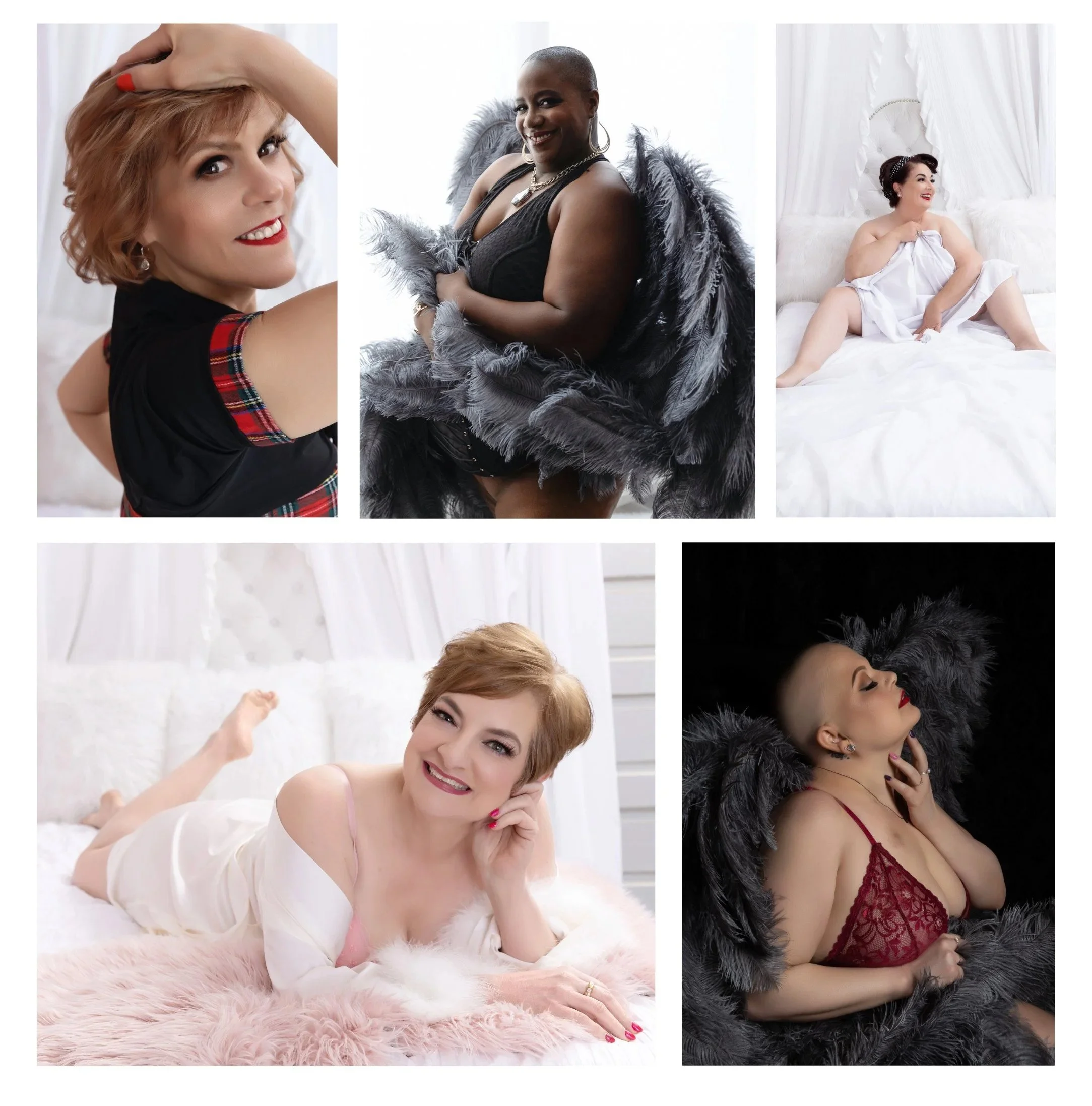 Elegant boudoir photos of a women with a pixie cuts and short hair posing confidently in lingerie