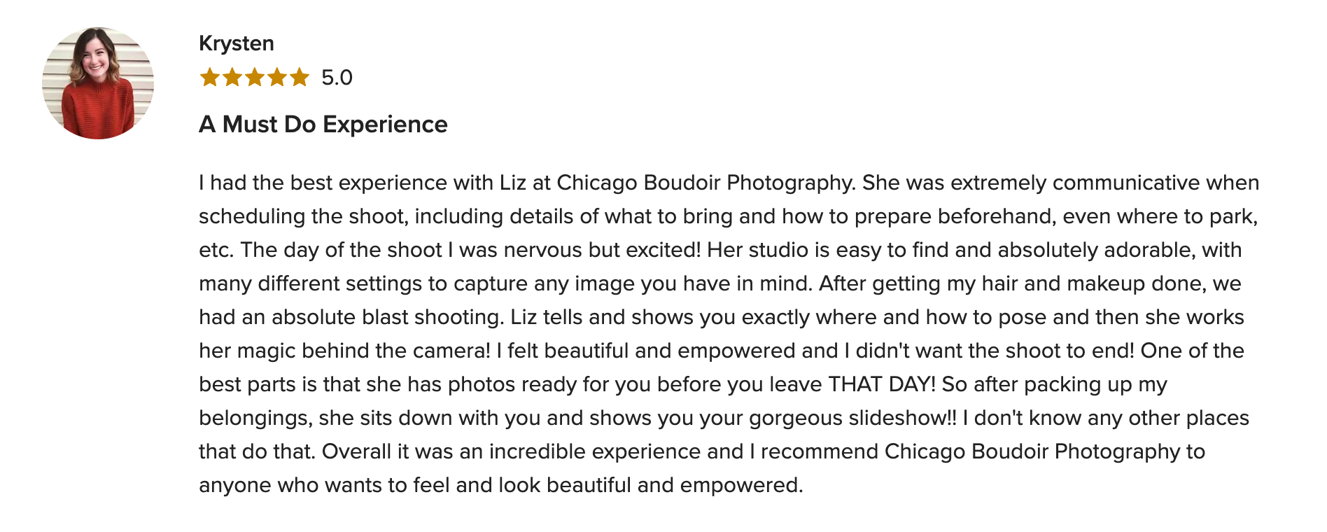 Five-star WeddingWire review of Chicago Boudoir Photography