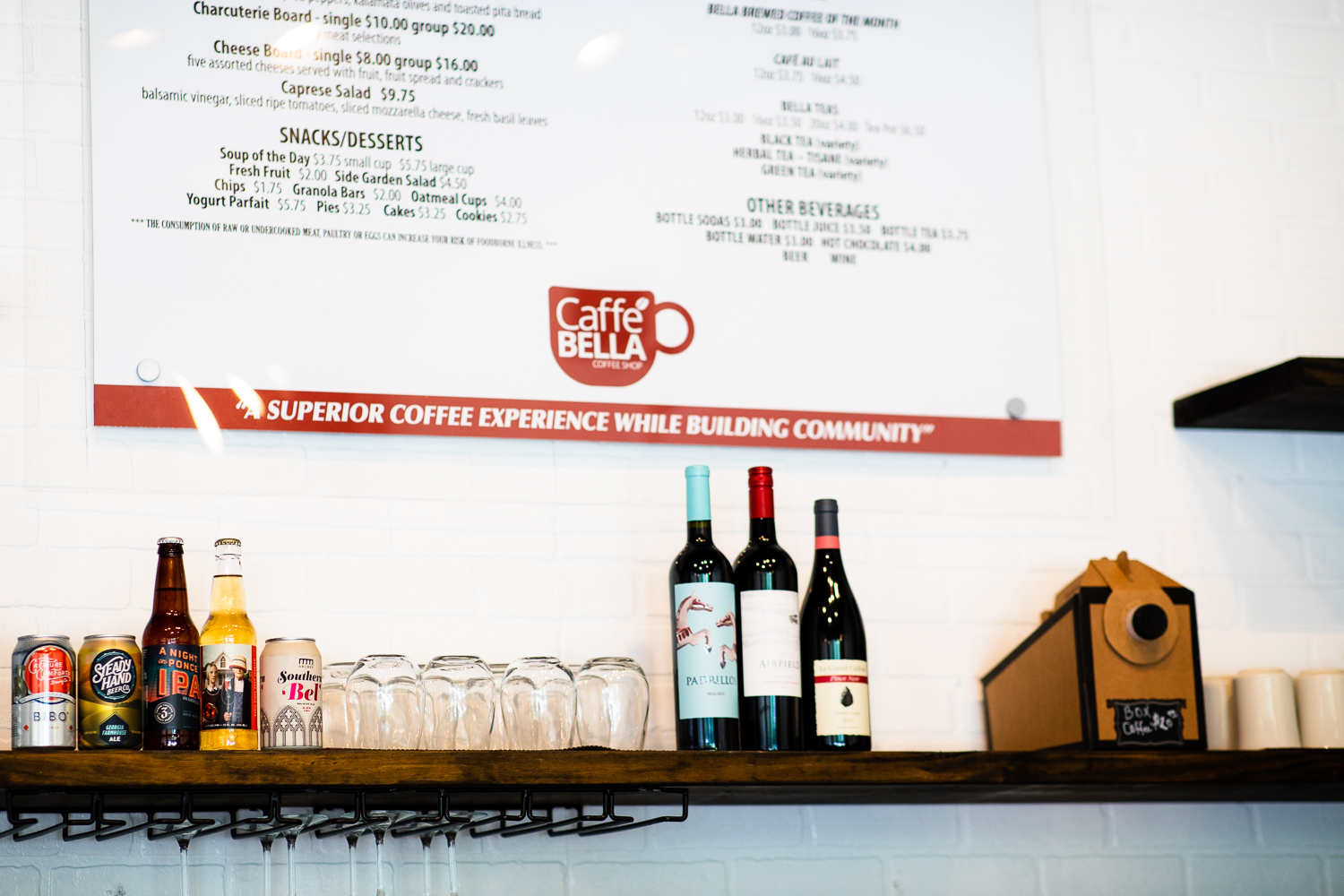 A sample of beer and wine available at Caffé Bella.