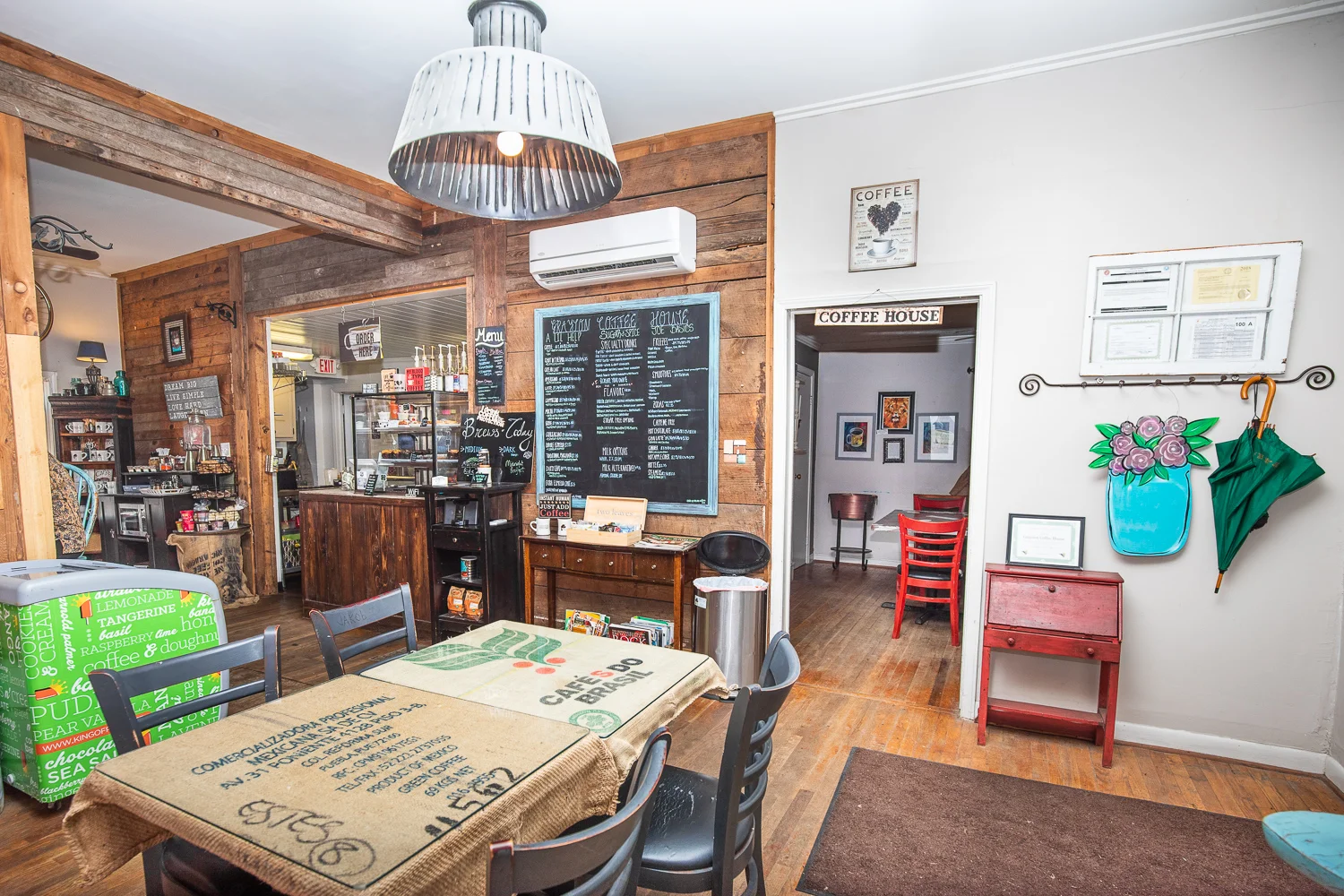 Interior of Grayson Coffee House. The tablecloths are nicely repurposed.