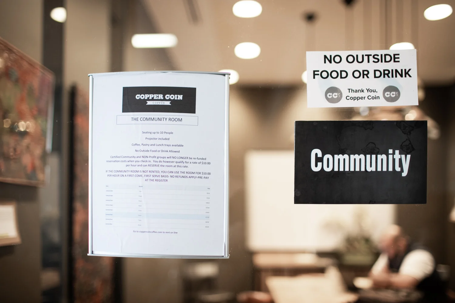 Copper Coin has a community room which you can reserve by the hour ($35/hour of $100 for a 3 hour block). The rate is $10/hour for any non-profits that would like to reserve this community room.