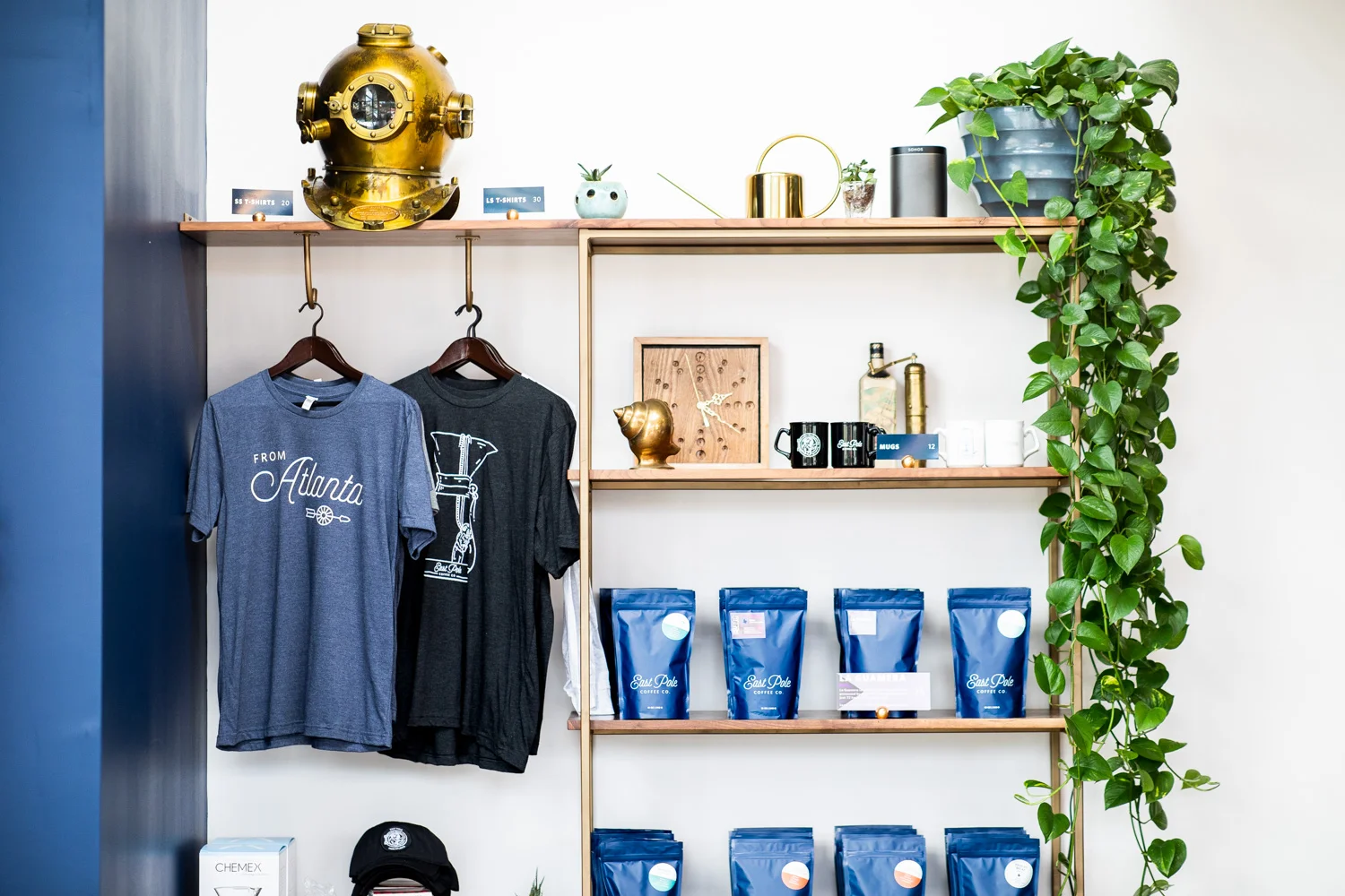 Details from East Pole Coffee Company. The golden diver mask was purchased from an Army Navy store.