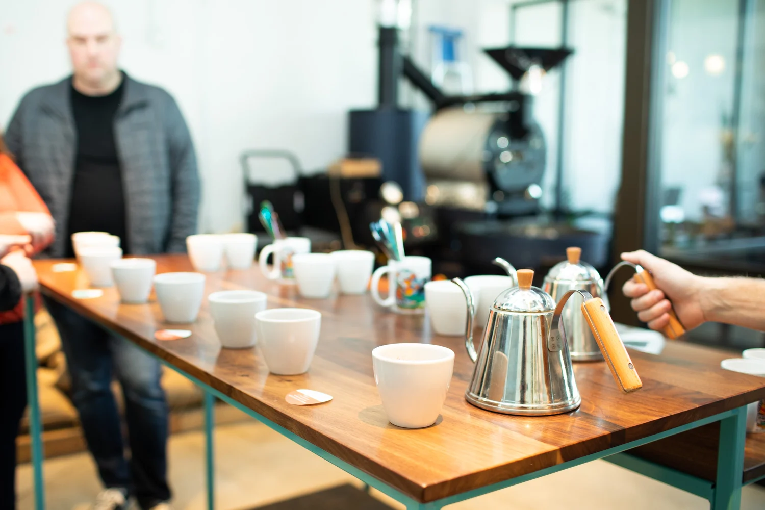 Coffee cupping in process.