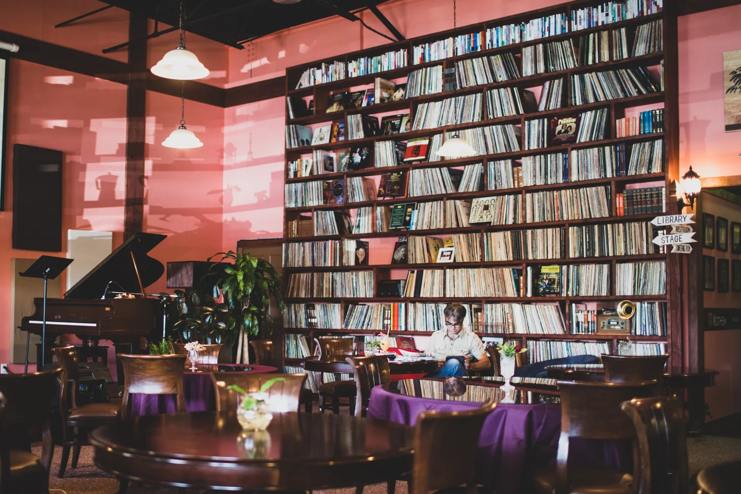 Cafe Rothem features high ceilings, plenty of seating, and a large selection of books.
