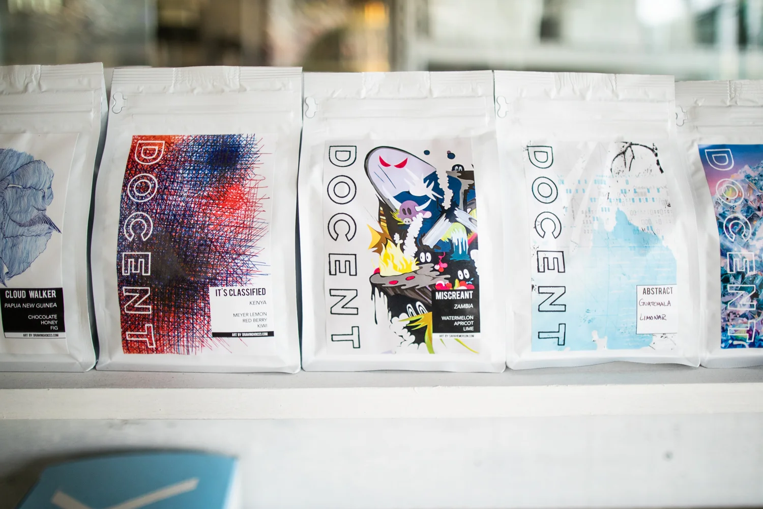 A selection of coffees at Docent Coffee. From left to right: Cloud Walker , It’s Classified , Miscreant , Abstract , and Snarf Snarf .