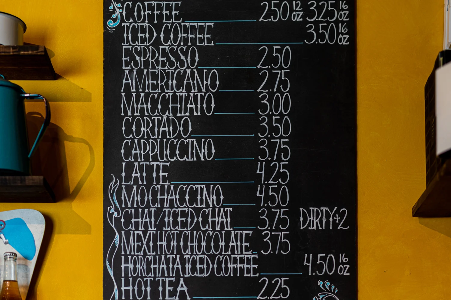 The drinks menu at El Tesoro. You can’t go wrong with the horchata iced coffee!