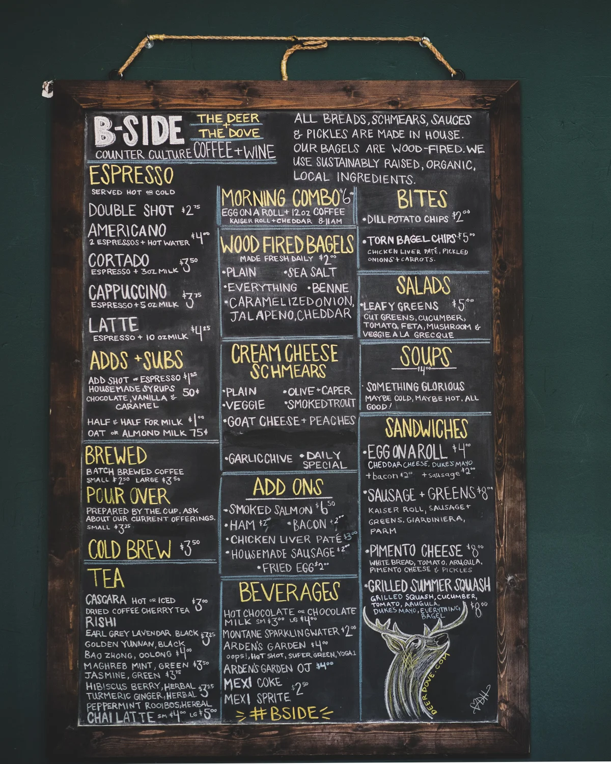 The chalkboard menu at the B-Side Cafe. Note: the menu changes frequently.