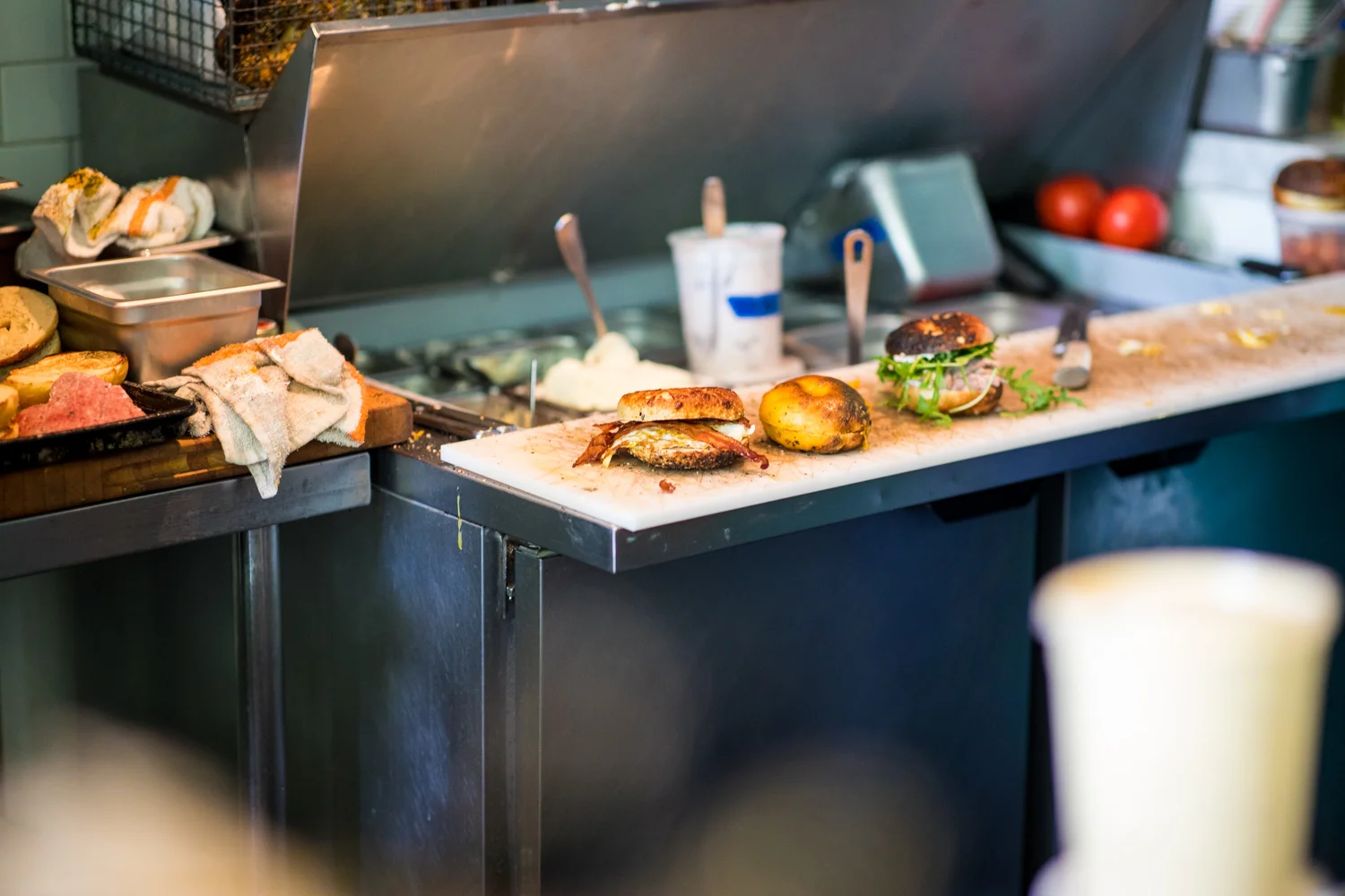 Bagels being prepared at the B-Side Cafe.