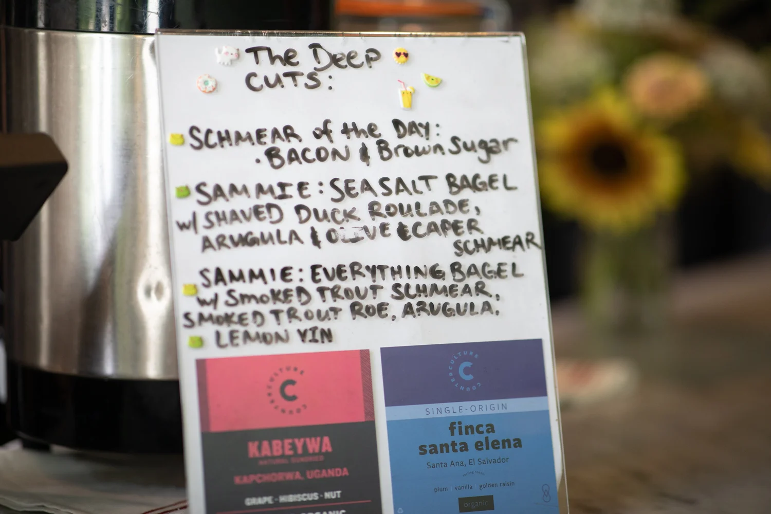 What’s on drip and espresso at B-Side Cafe. The coffee beans are from Counter Culture Coffee.