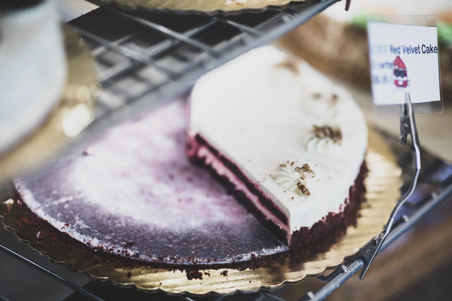 Red velvet cake on display at Zambawango.