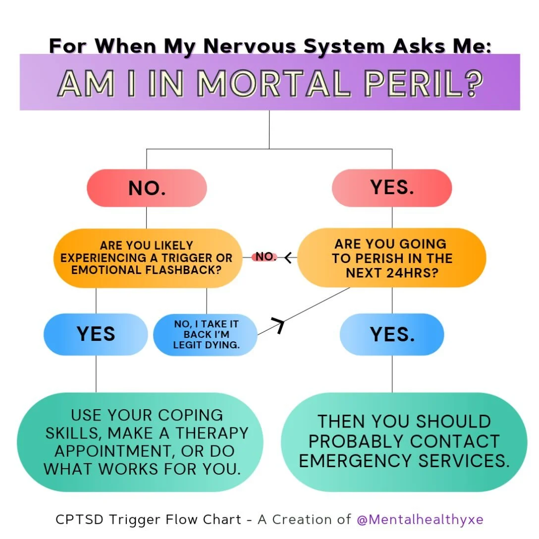 This is meant to be a bit wry but also (at least in my case) helpful.
⠀
When I am triggered or in a flashback, there is often a straight line in my brain that goes from &ldquo;something&rsquo;s potentially serious or wrong to I&rsquo;m going to die r