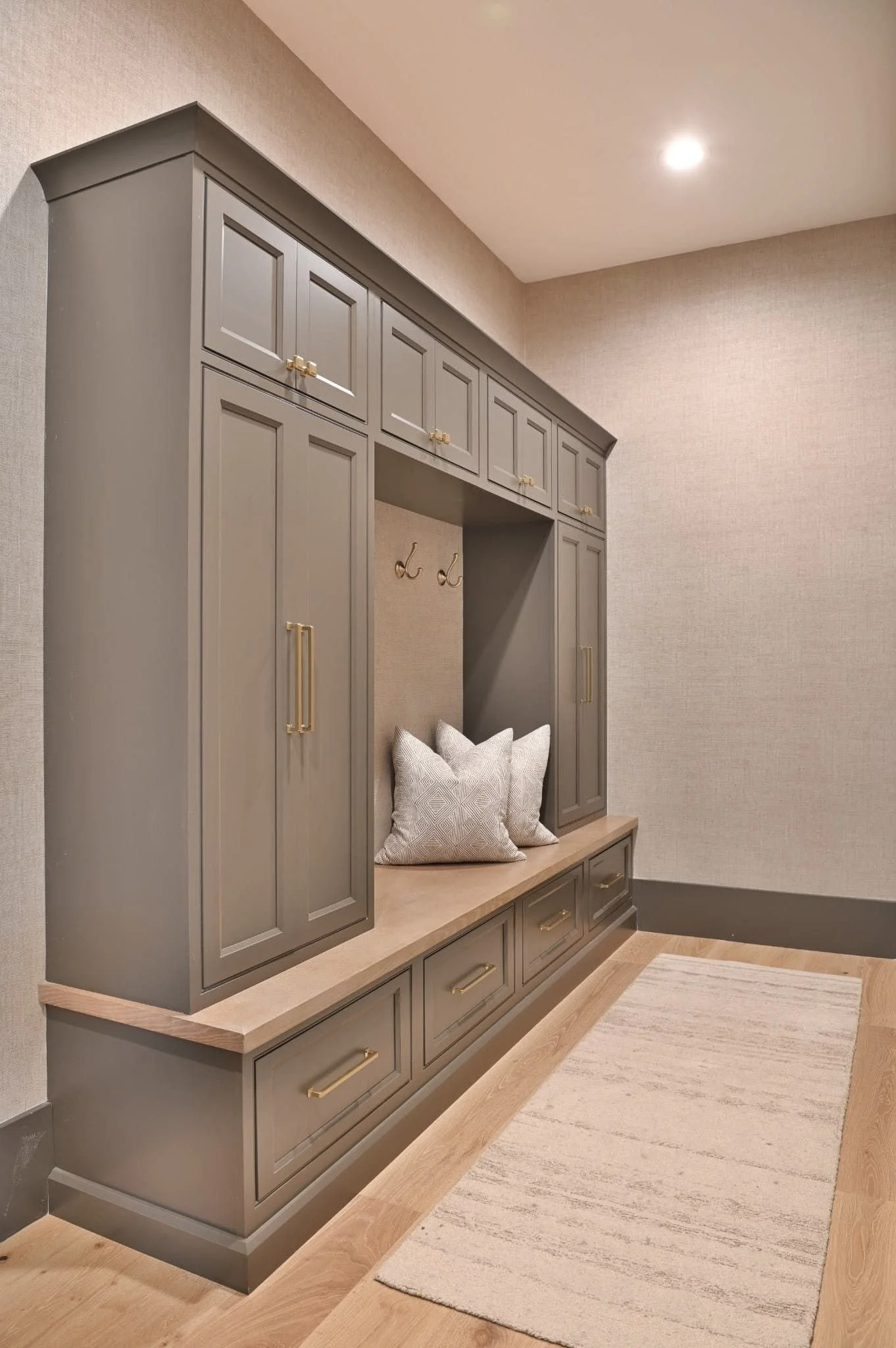 Custom Mudroom Cabinets and Storage Bench at Lake Oconee