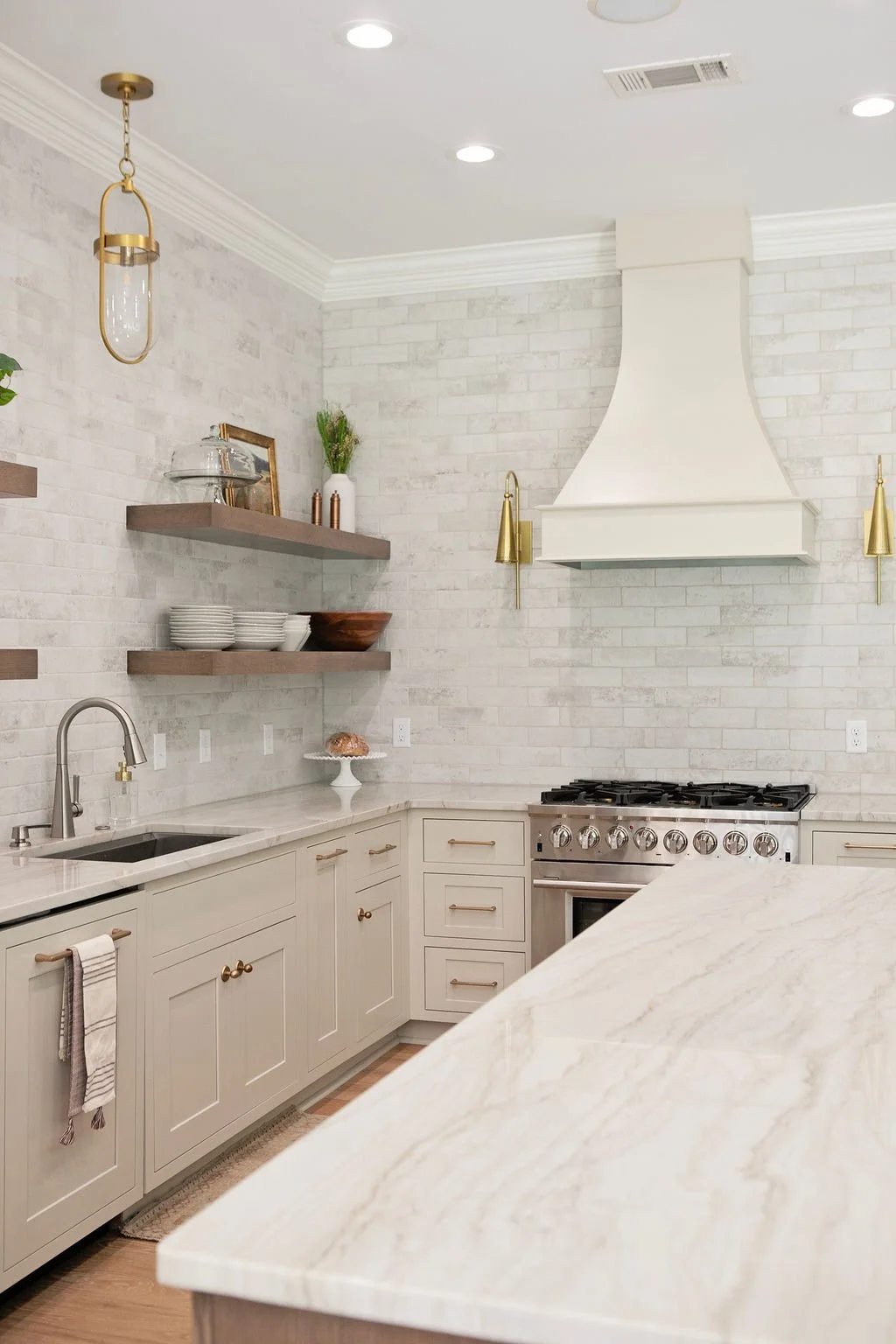 Beige Range Hood with Floating Shelves