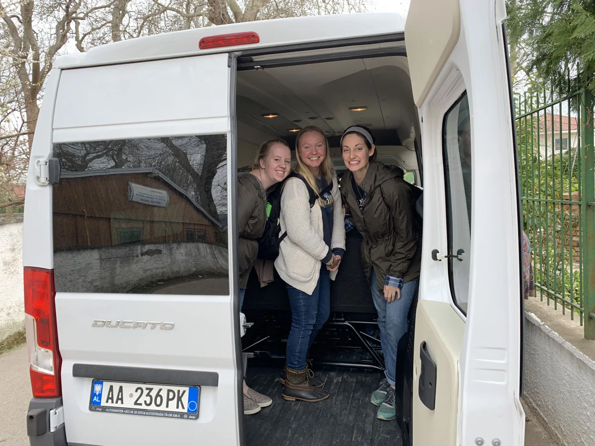Ready to get to work in Albania after a van ride to the Mercy Home with the Servadoras.